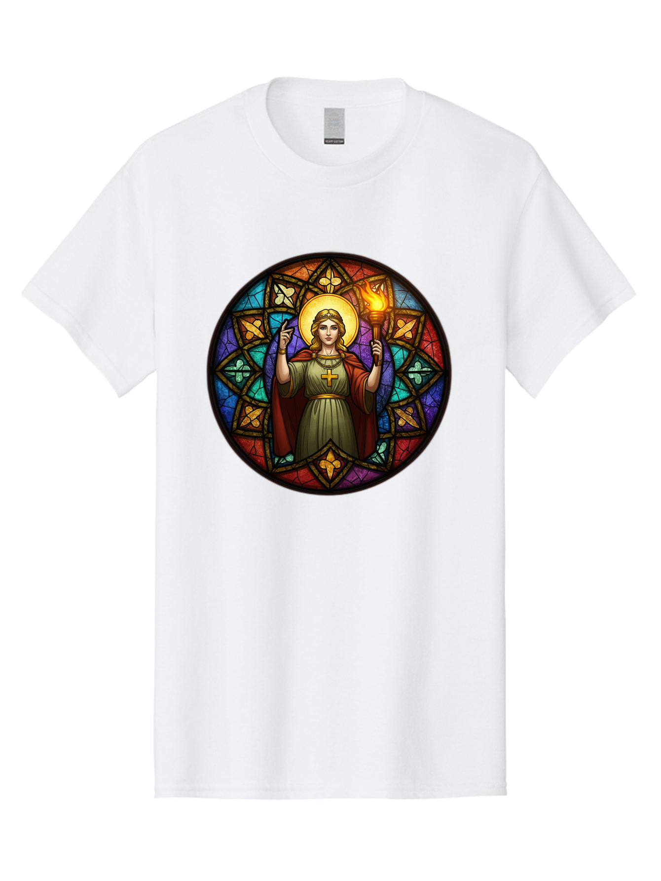 Saint-With-Torch-Stained-Glass Men'S Graphic Tee, 100% Cotton, Comfortable Casual Summer Wear, Machine Washable, Stained Glass Window, Saint With Torch, Cross Pendant, Floral Patterns, Vibrant Colors, Religious Art, Sacred Imagery, Bad505