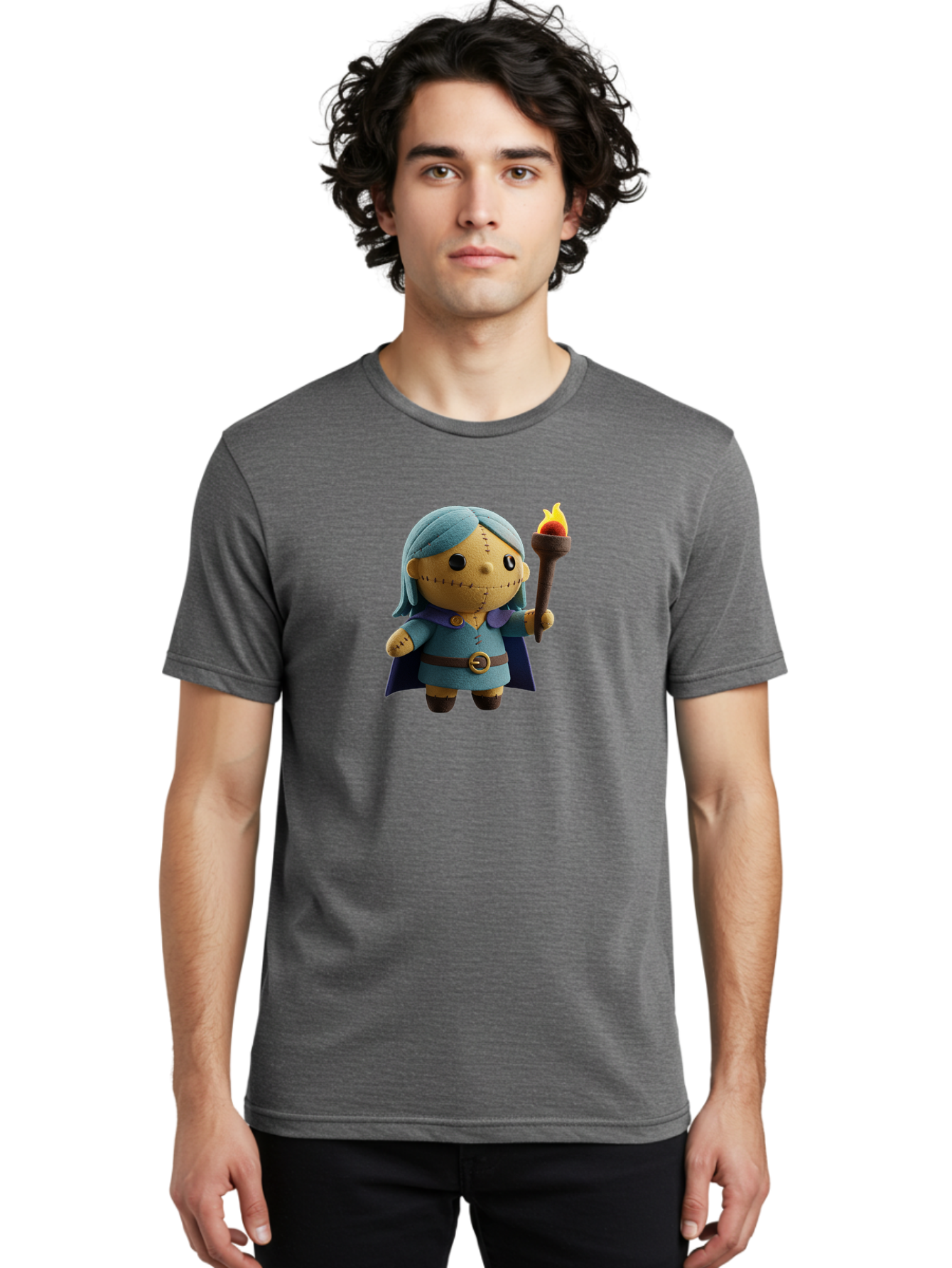 Sally Men'S Graphic Tee, 100% Cotton, Comfortable Casual Summer Wear, Machine Washable, Sally Figurine, Nightmare Before Christmas Character, Stitched Face, Blue Dress, Cape, Torch, Whimsical Design, Collectible Toy, Halloween Decoration Bad506