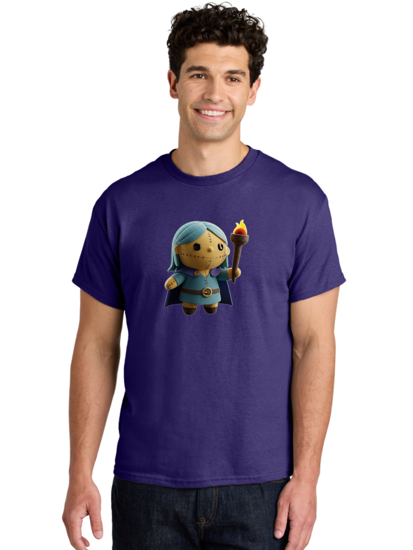 Sally Men'S Graphic Tee, 100% Cotton, Comfortable Casual Summer Wear, Machine Washable, Sally Figurine, Nightmare Before Christmas Character, Stitched Face, Blue Dress, Cape, Torch, Whimsical Design, Collectible Toy, Halloween Decoration Bad506