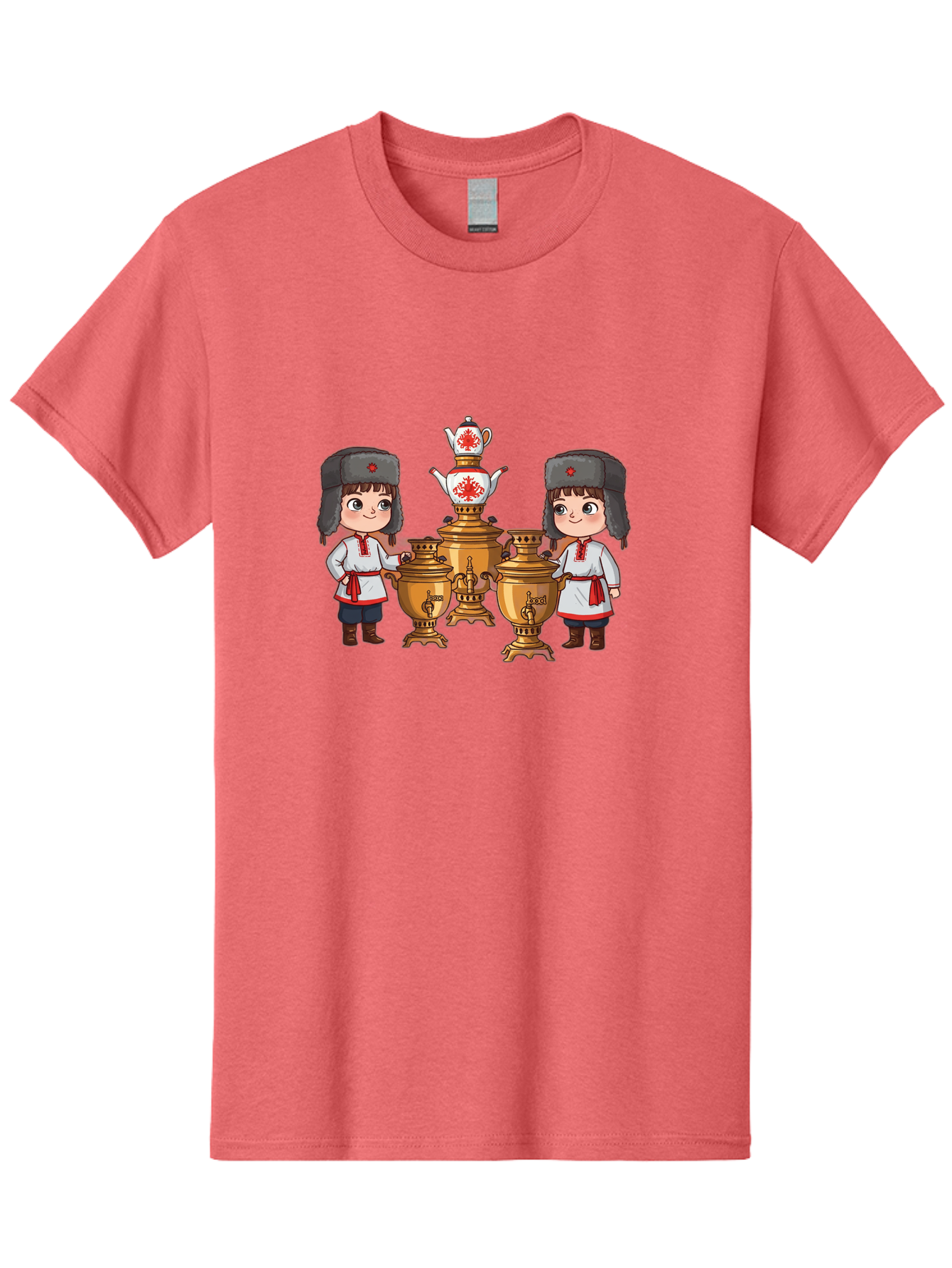 Samovar-Boys Men'S Graphic Tee, 100% Cotton, Comfortable Casual Summer Wear, Machine Washable, Traditional Russian Samovar, Vintage Tea Kettle, Copper Urns, Folk Costumes, Young Girls, Red Accents, Cultural Heritage, Russian Culture, Bad508