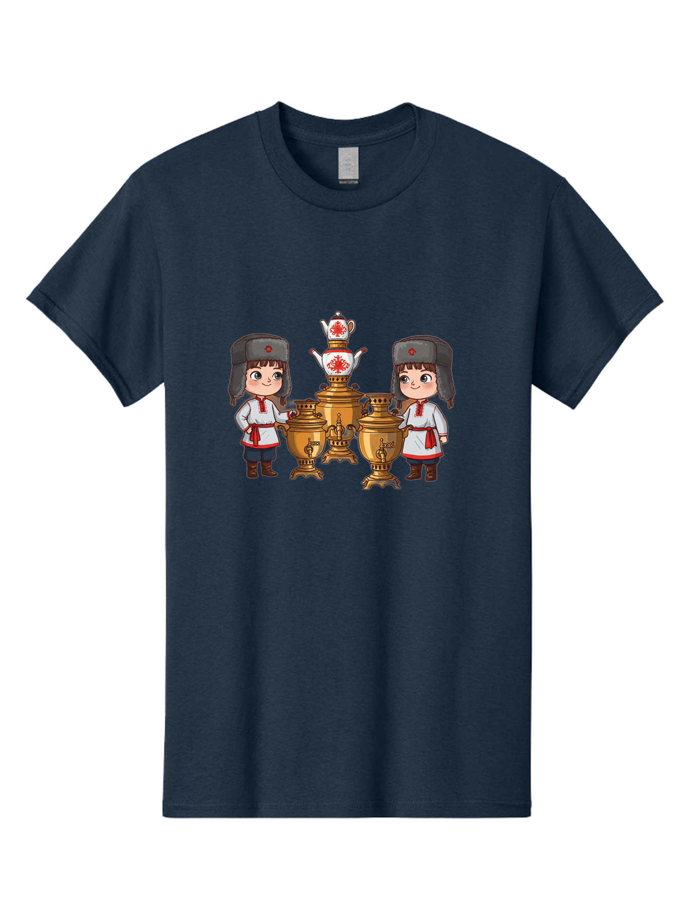 Samovar-Boys Men'S Graphic Tee, 100% Cotton, Comfortable Casual Summer Wear, Machine Washable, Traditional Russian Samovar, Vintage Tea Kettle, Copper Urns, Folk Costumes, Young Girls, Red Accents, Cultural Heritage, Russian Culture, Bad508