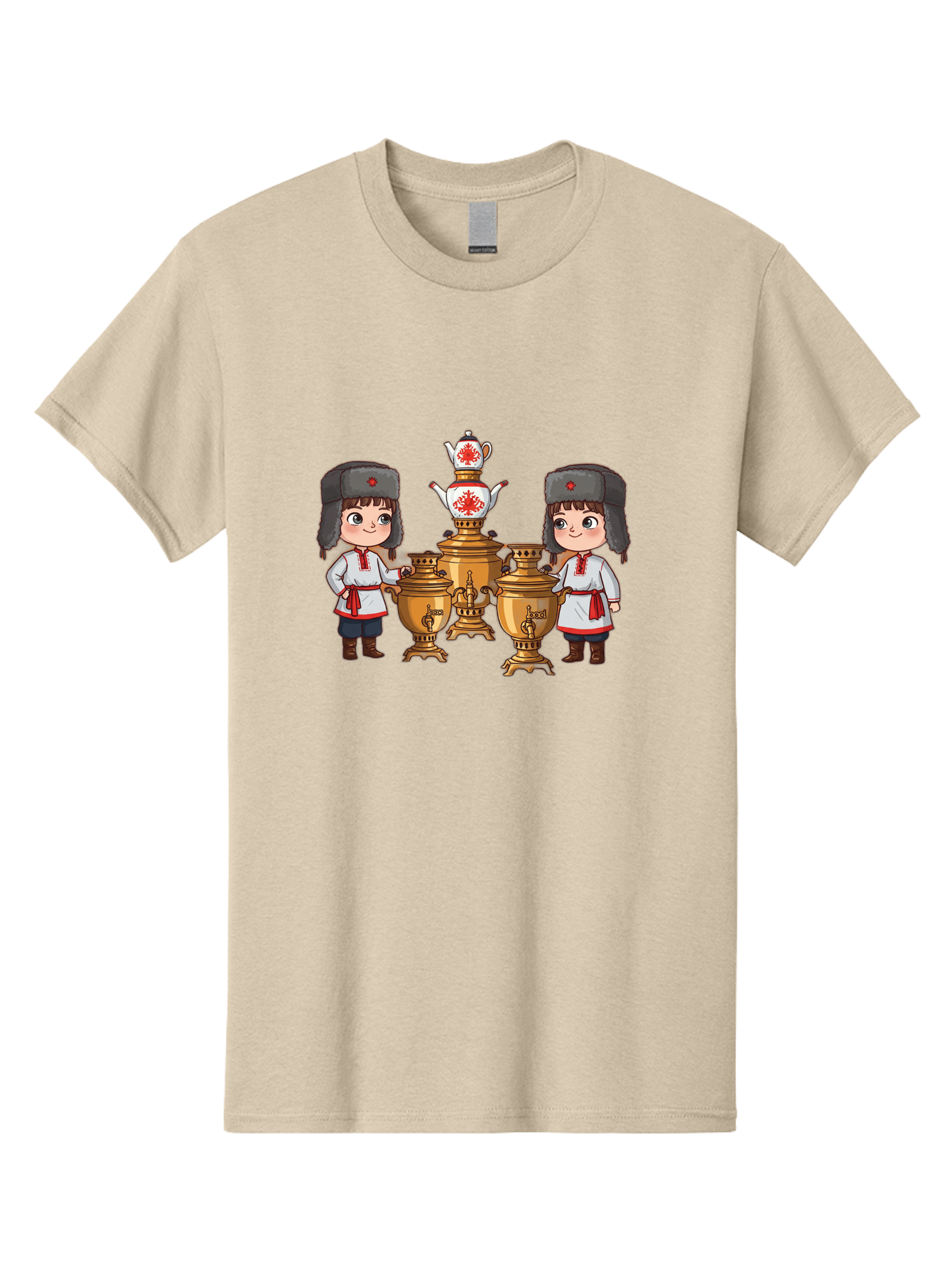 Samovar-Boys Men'S Graphic Tee, 100% Cotton, Comfortable Casual Summer Wear, Machine Washable, Traditional Russian Samovar, Vintage Tea Kettle, Copper Urns, Folk Costumes, Young Girls, Red Accents, Cultural Heritage, Russian Culture, Bad508