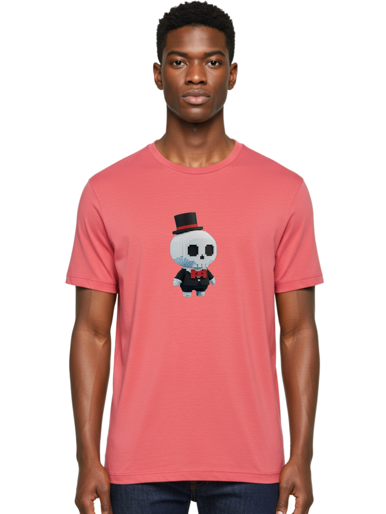 Sans-By-Toby-Fox Men'S Graphic Tee, 100% Cotton, Comfortable Casual Summer Wear, Machine Washable, Pixel Art Skeleton, 8-Bit Character, Top Hat, Red Bow Tie, Black Tuxedo, Gothic Style, Digital Art, Cartoon Character, Pixelated Graphics Bad509