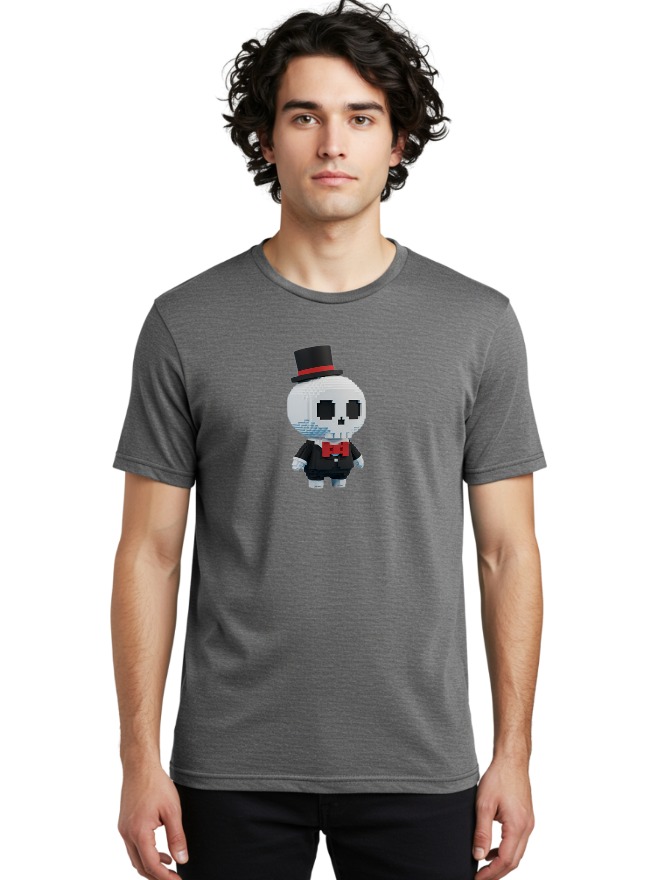 Sans-By-Toby-Fox Men'S Graphic Tee, 100% Cotton, Comfortable Casual Summer Wear, Machine Washable, Pixel Art Skeleton, 8-Bit Character, Top Hat, Red Bow Tie, Black Tuxedo, Gothic Style, Digital Art, Cartoon Character, Pixelated Graphics Bad509