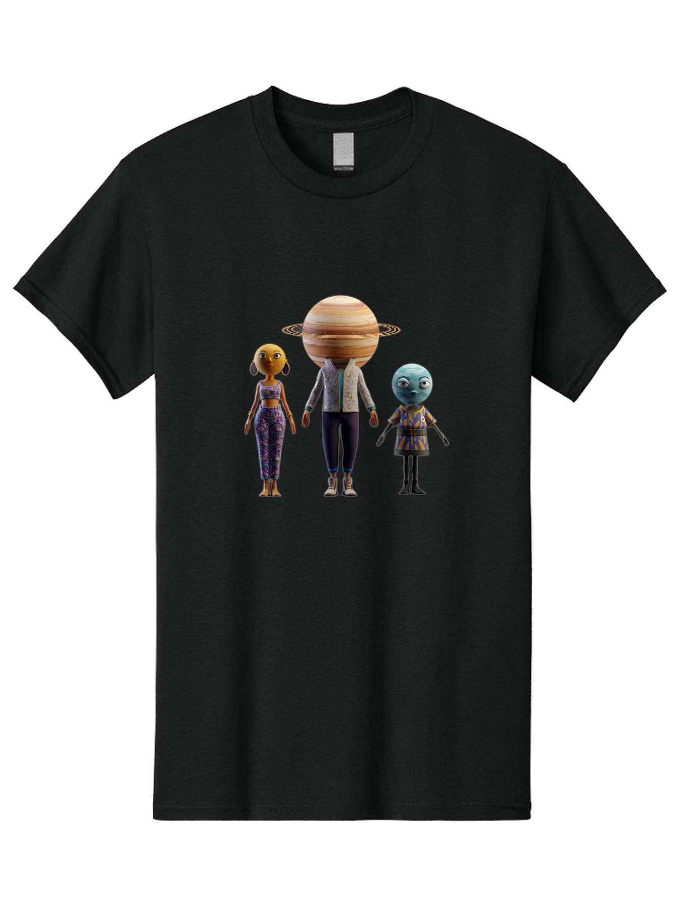 Saturn-Character-Trio Men'S Graphic Tee, 100% Cotton, Comfortable Casual Summer Wear, Machine Washable, Cartoon Characters, Futuristic Fashion, Space-Themed, Saturn Head, Planetary Rings, Alien Features, Colorful Outfits, 3D Rendering, Bad510