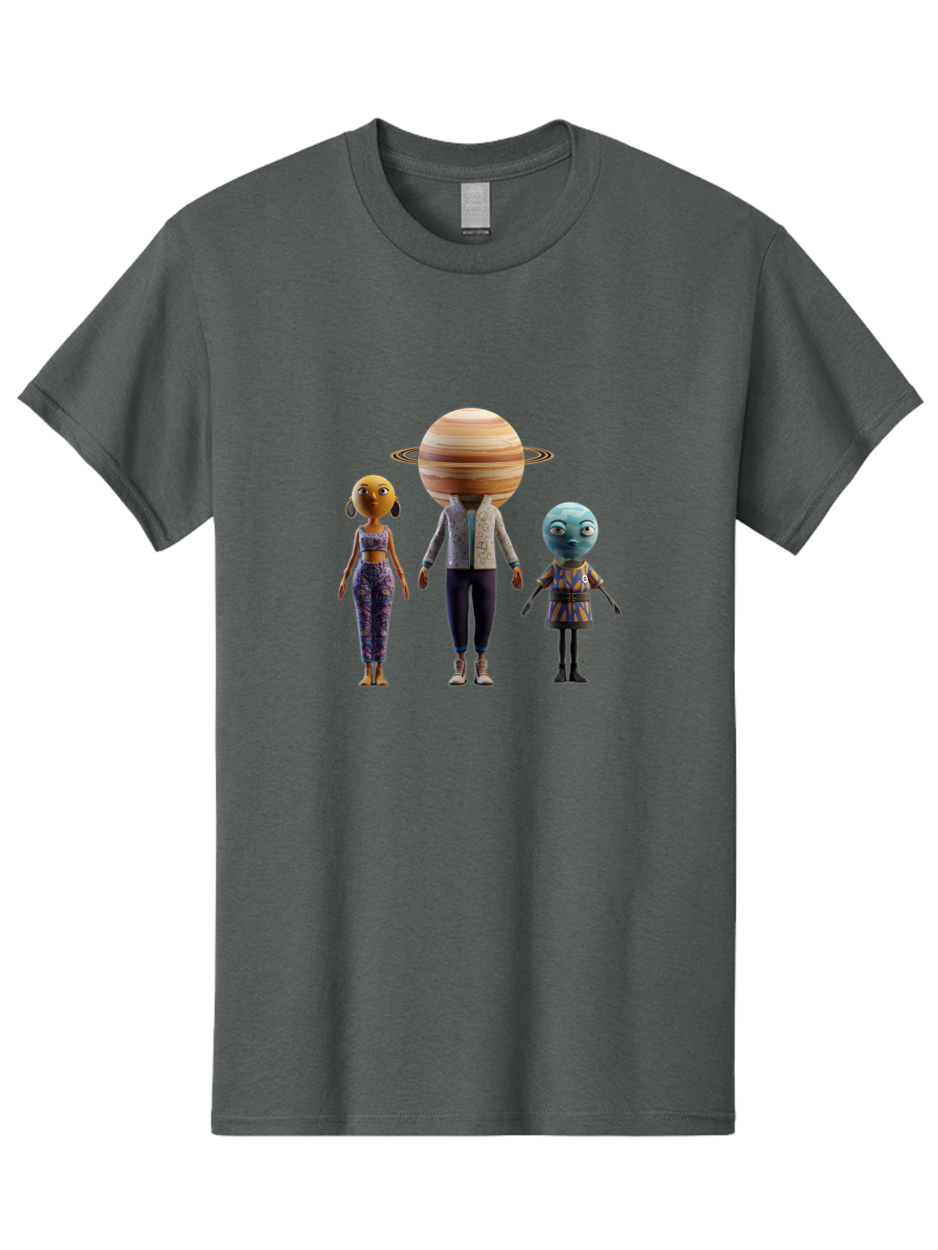 Saturn-Character-Trio Men'S Graphic Tee, 100% Cotton, Comfortable Casual Summer Wear, Machine Washable, Cartoon Characters, Futuristic Fashion, Space-Themed, Saturn Head, Planetary Rings, Alien Features, Colorful Outfits, 3D Rendering, Bad510