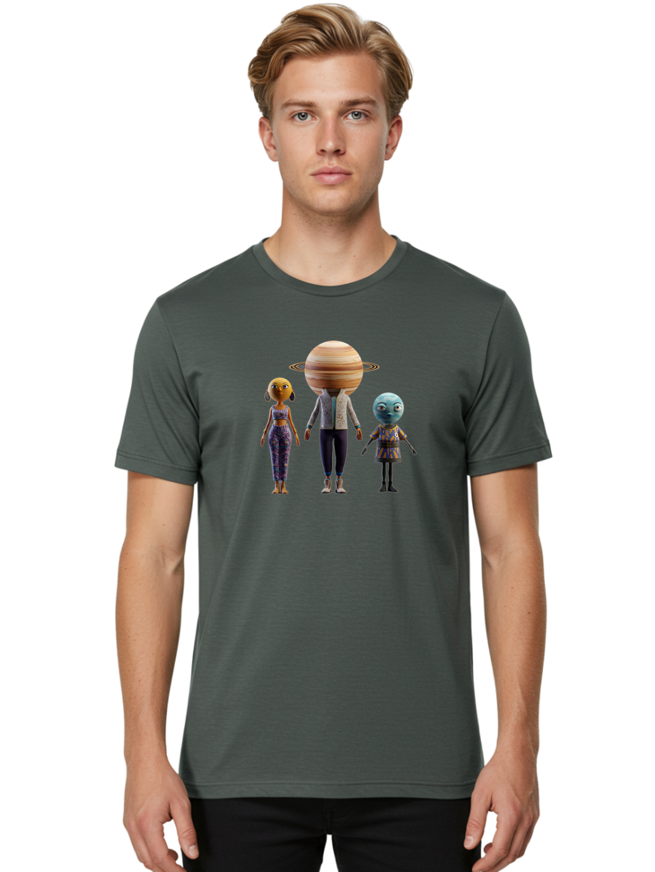 Saturn-Character-Trio Men'S Graphic Tee, 100% Cotton, Comfortable Casual Summer Wear, Machine Washable, Cartoon Characters, Futuristic Fashion, Space-Themed, Saturn Head, Planetary Rings, Alien Features, Colorful Outfits, 3D Rendering, Bad510