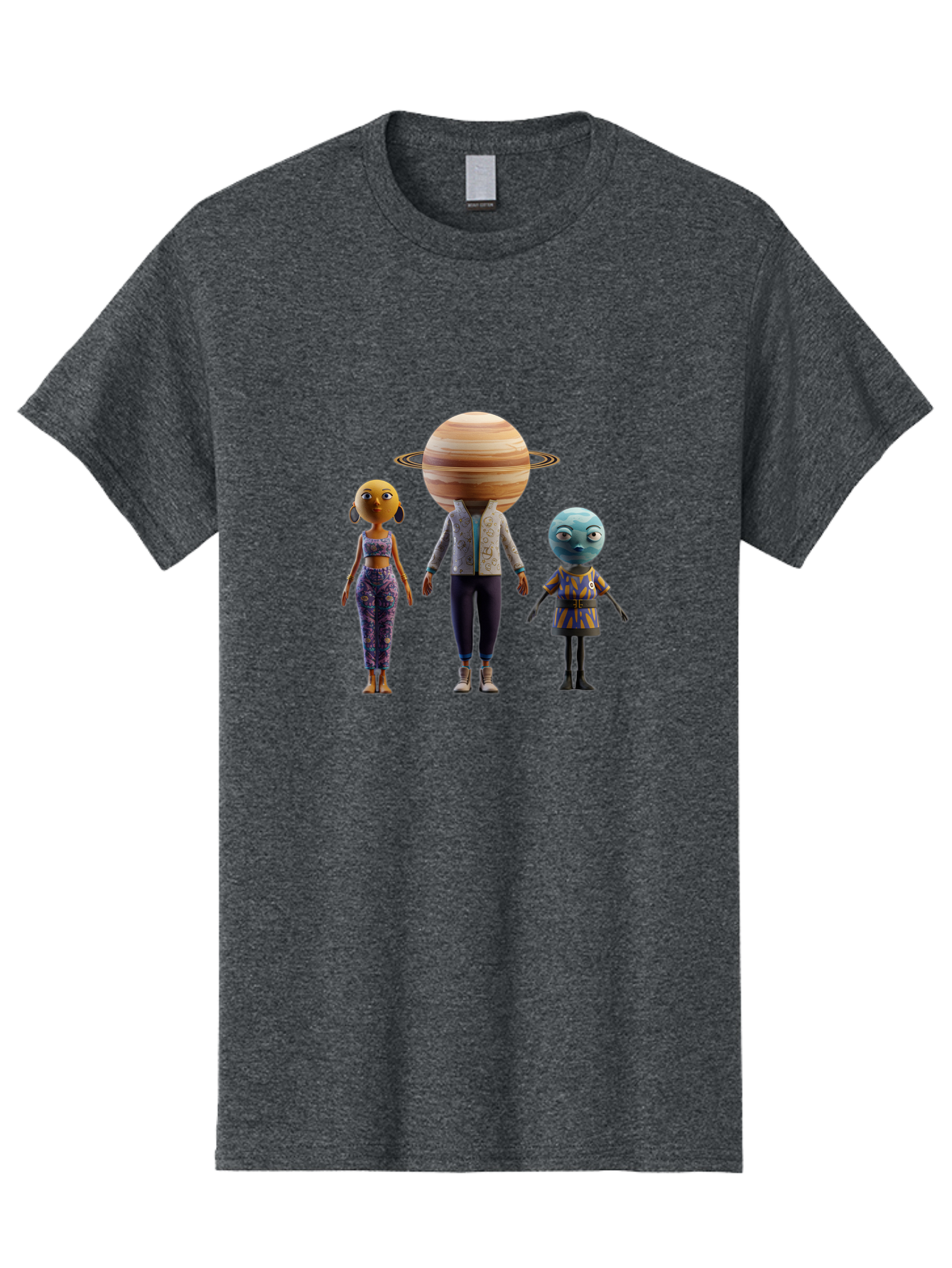Saturn-Character-Trio Men'S Graphic Tee, 100% Cotton, Comfortable Casual Summer Wear, Machine Washable, Cartoon Characters, Futuristic Fashion, Space-Themed, Saturn Head, Planetary Rings, Alien Features, Colorful Outfits, 3D Rendering, Bad510
