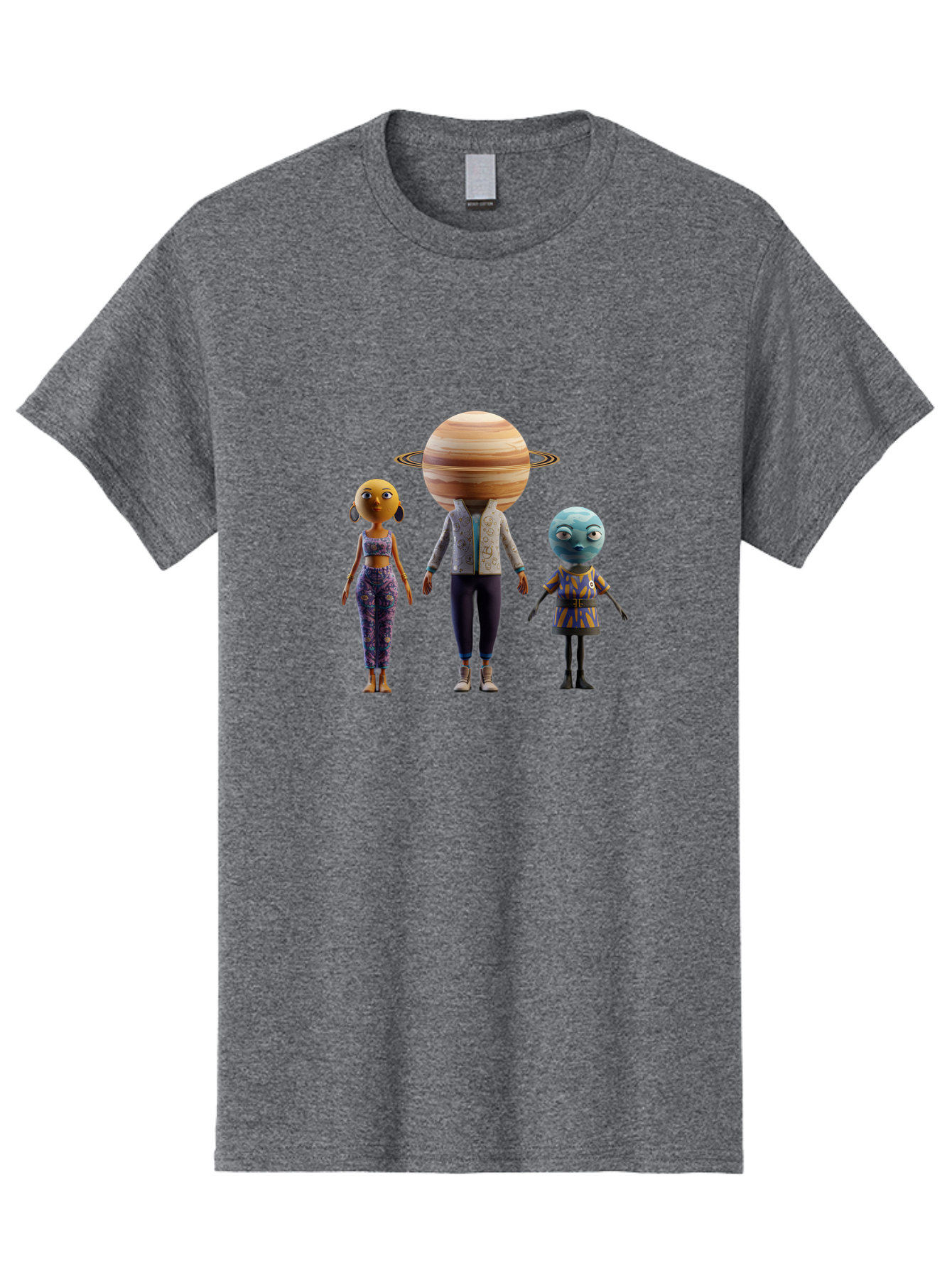 Saturn-Character-Trio Men'S Graphic Tee, 100% Cotton, Comfortable Casual Summer Wear, Machine Washable, Cartoon Characters, Futuristic Fashion, Space-Themed, Saturn Head, Planetary Rings, Alien Features, Colorful Outfits, 3D Rendering, Bad510