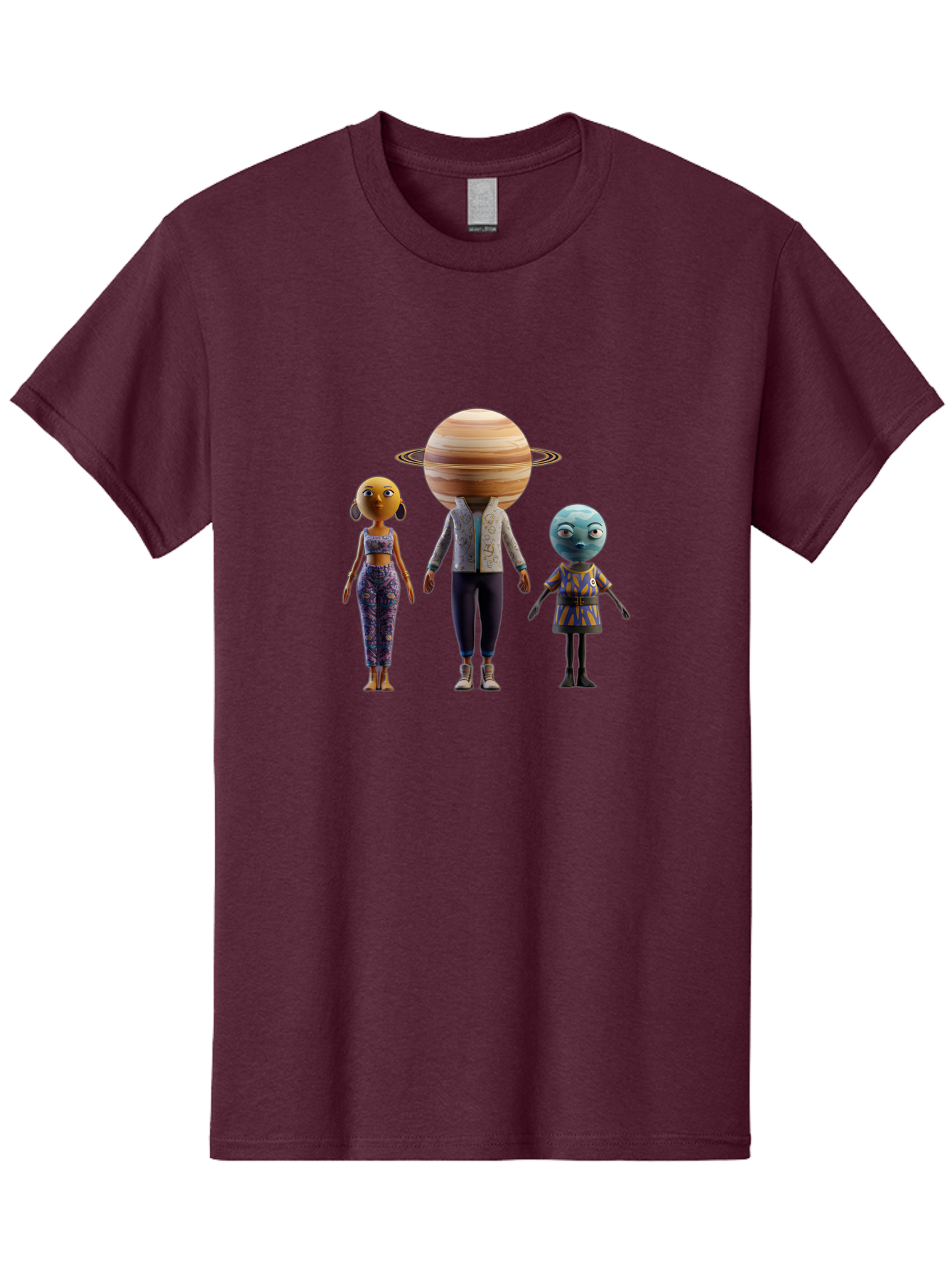 Saturn-Character-Trio Men'S Graphic Tee, 100% Cotton, Comfortable Casual Summer Wear, Machine Washable, Cartoon Characters, Futuristic Fashion, Space-Themed, Saturn Head, Planetary Rings, Alien Features, Colorful Outfits, 3D Rendering, Bad510