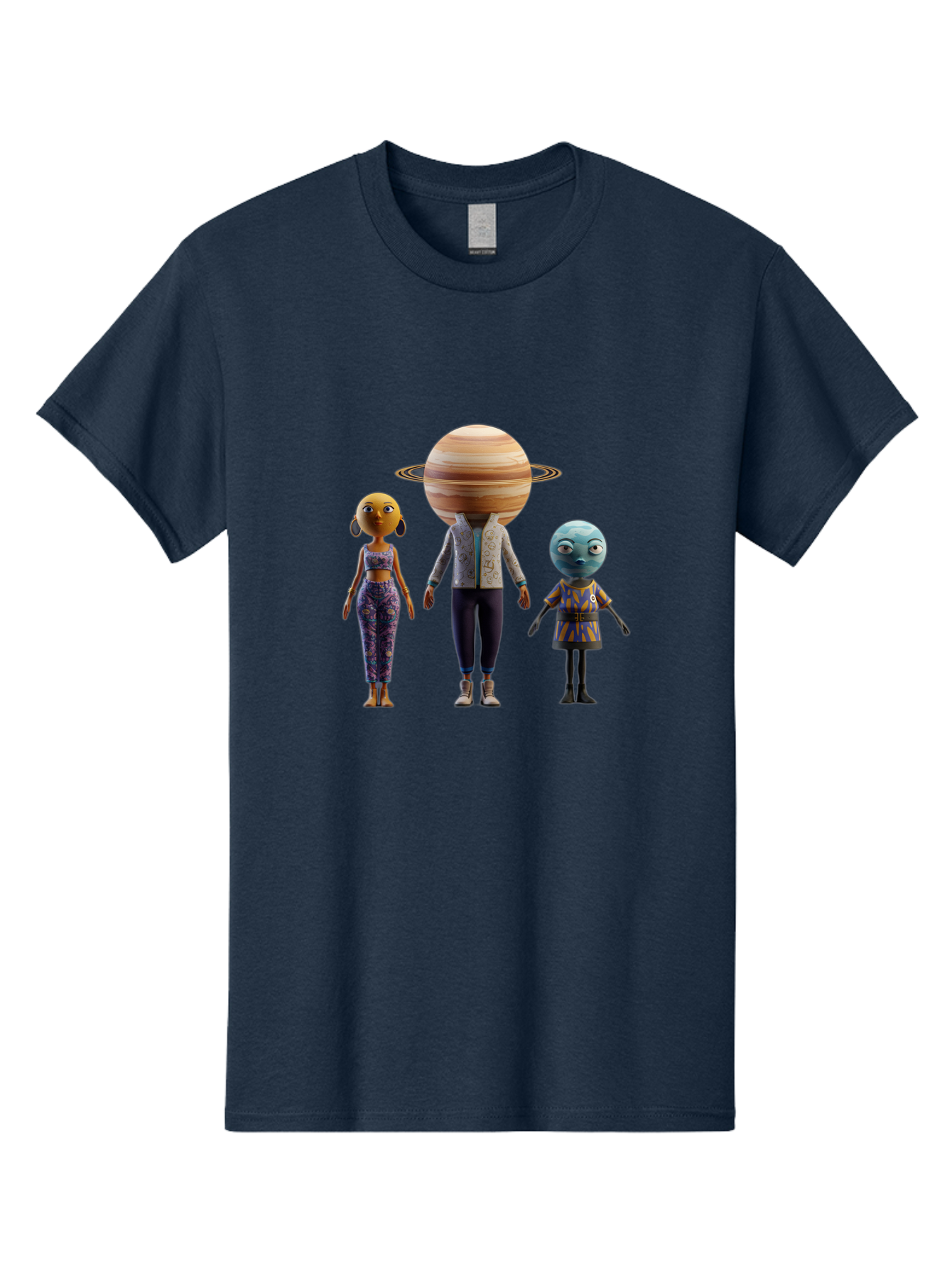Saturn-Character-Trio Men'S Graphic Tee, 100% Cotton, Comfortable Casual Summer Wear, Machine Washable, Cartoon Characters, Futuristic Fashion, Space-Themed, Saturn Head, Planetary Rings, Alien Features, Colorful Outfits, 3D Rendering, Bad510