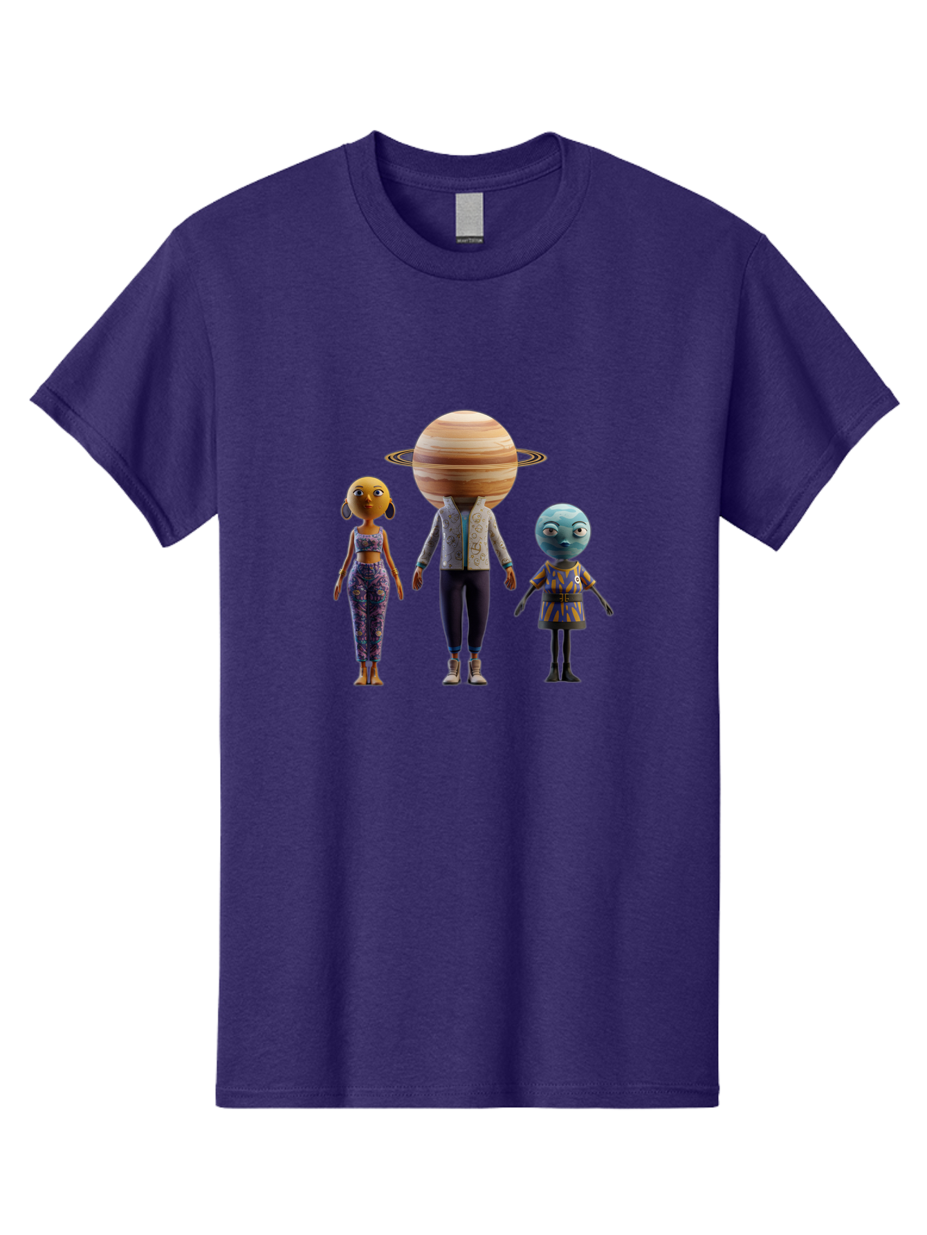 Saturn-Character-Trio Men'S Graphic Tee, 100% Cotton, Comfortable Casual Summer Wear, Machine Washable, Cartoon Characters, Futuristic Fashion, Space-Themed, Saturn Head, Planetary Rings, Alien Features, Colorful Outfits, 3D Rendering, Bad510