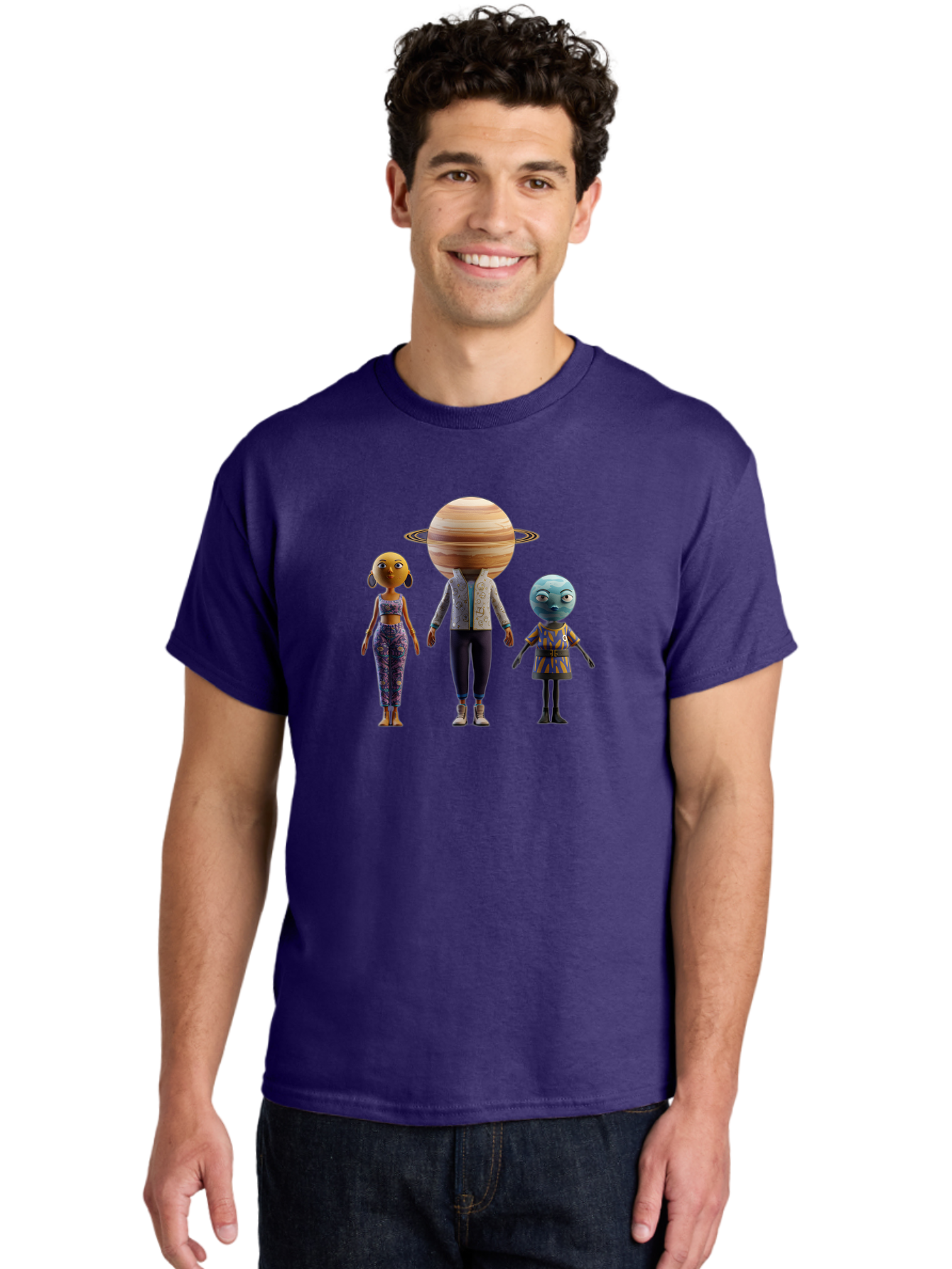 Saturn-Character-Trio Men'S Graphic Tee, 100% Cotton, Comfortable Casual Summer Wear, Machine Washable, Cartoon Characters, Futuristic Fashion, Space-Themed, Saturn Head, Planetary Rings, Alien Features, Colorful Outfits, 3D Rendering, Bad510