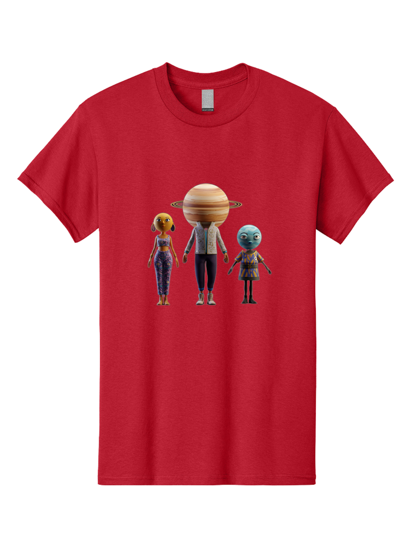 Saturn-Character-Trio Men'S Graphic Tee, 100% Cotton, Comfortable Casual Summer Wear, Machine Washable, Cartoon Characters, Futuristic Fashion, Space-Themed, Saturn Head, Planetary Rings, Alien Features, Colorful Outfits, 3D Rendering, Bad510