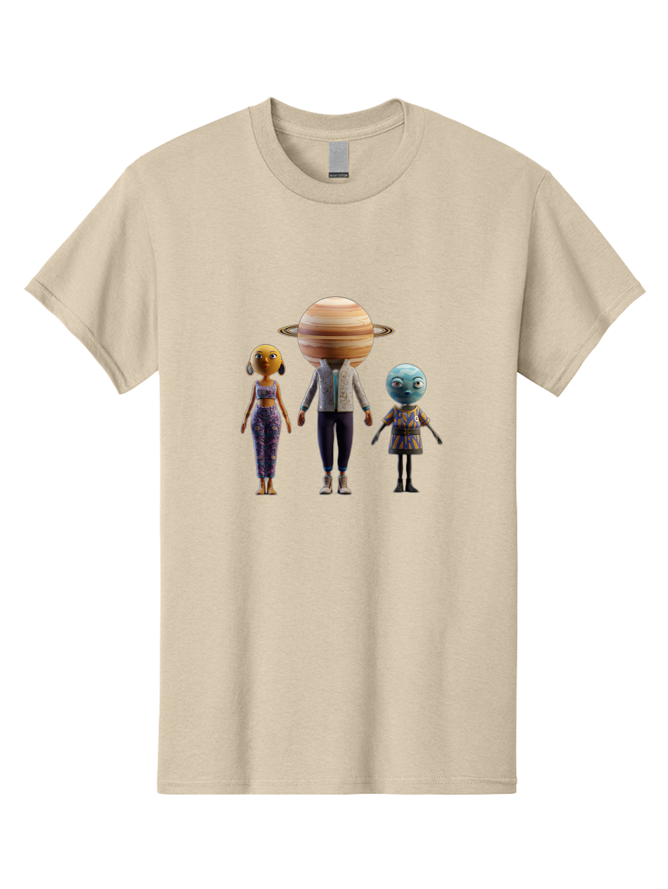 Saturn-Character-Trio Men'S Graphic Tee, 100% Cotton, Comfortable Casual Summer Wear, Machine Washable, Cartoon Characters, Futuristic Fashion, Space-Themed, Saturn Head, Planetary Rings, Alien Features, Colorful Outfits, 3D Rendering, Bad510