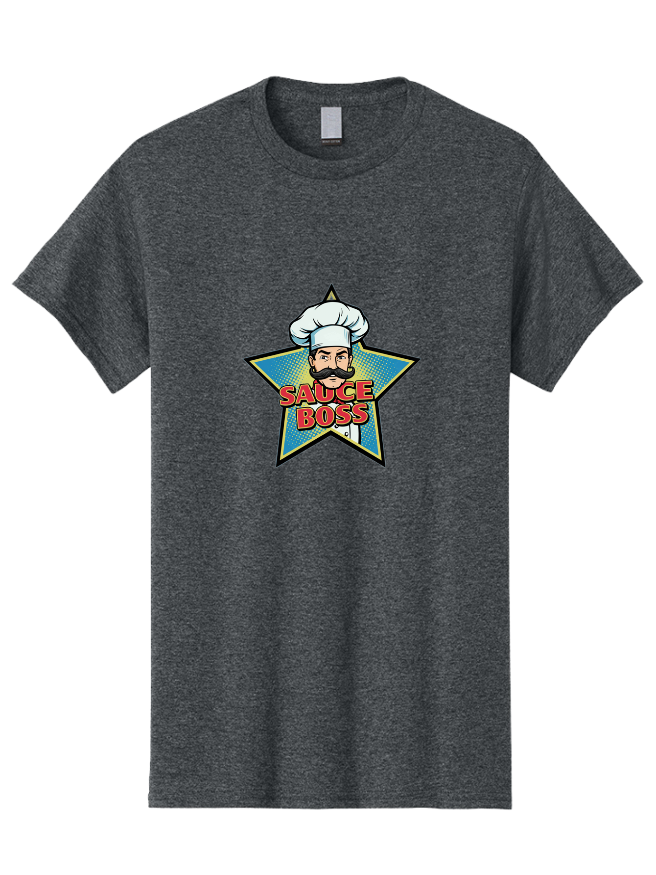 Sauce-Boss Men'S Graphic Tee, 100% Cotton, Comfortable Casual Summer Wear, Machine Washable, Cartoon Chef, White Hat, Mustache, Star Badge, Sauce Boss, Food Logo, Culinary Expert, Restaurant Branding, Chef Character Bad512