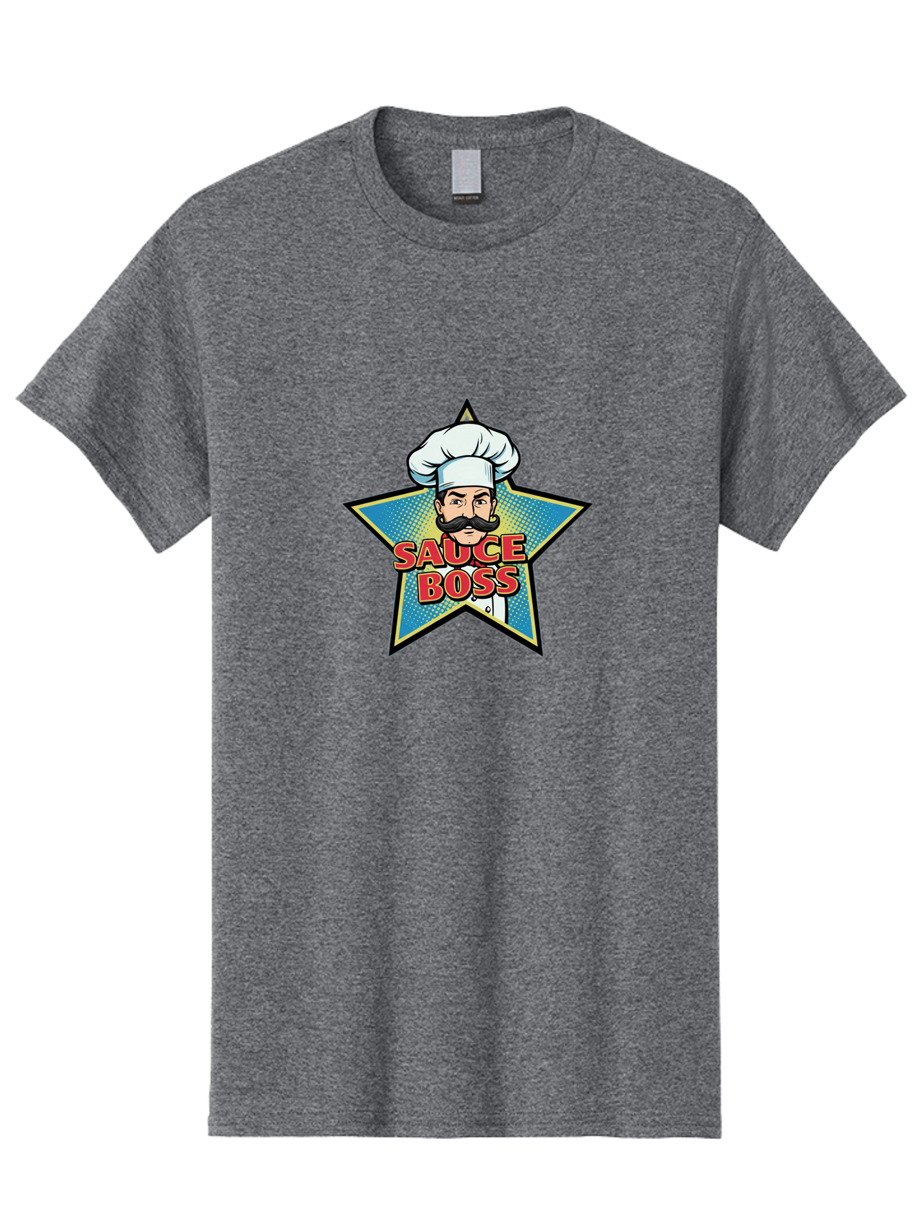 Sauce-Boss Men'S Graphic Tee, 100% Cotton, Comfortable Casual Summer Wear, Machine Washable, Cartoon Chef, White Hat, Mustache, Star Badge, Sauce Boss, Food Logo, Culinary Expert, Restaurant Branding, Chef Character Bad512