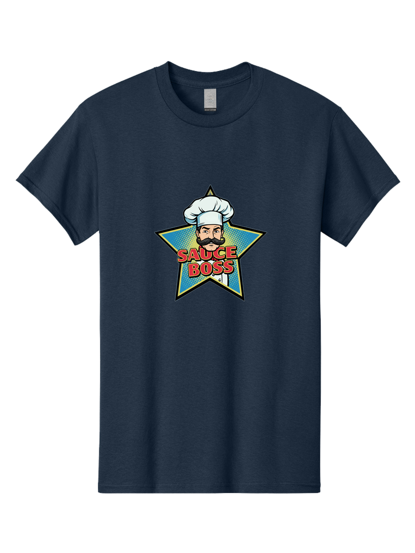 Sauce-Boss Men'S Graphic Tee, 100% Cotton, Comfortable Casual Summer Wear, Machine Washable, Cartoon Chef, White Hat, Mustache, Star Badge, Sauce Boss, Food Logo, Culinary Expert, Restaurant Branding, Chef Character Bad512