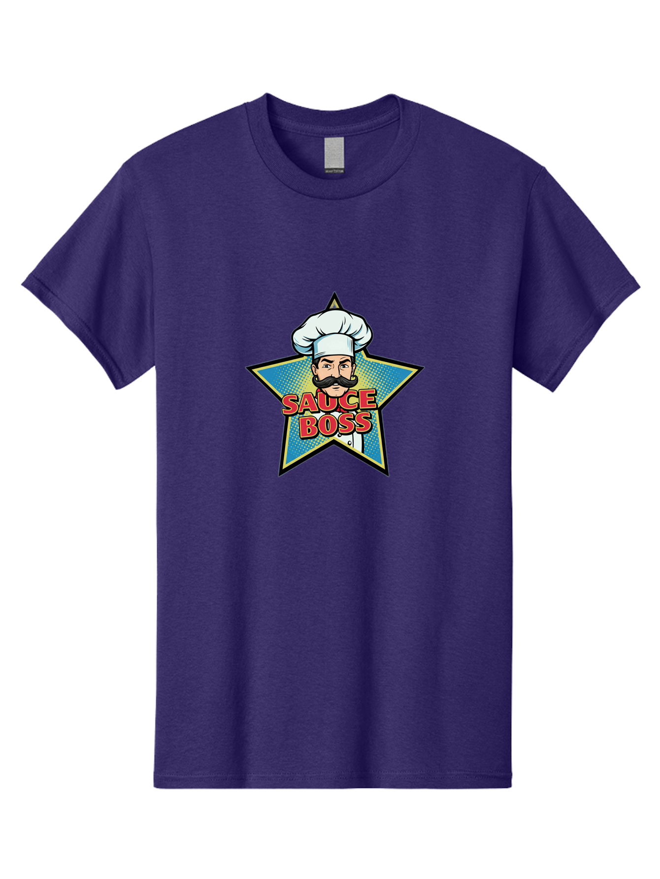 Sauce-Boss Men'S Graphic Tee, 100% Cotton, Comfortable Casual Summer Wear, Machine Washable, Cartoon Chef, White Hat, Mustache, Star Badge, Sauce Boss, Food Logo, Culinary Expert, Restaurant Branding, Chef Character Bad512