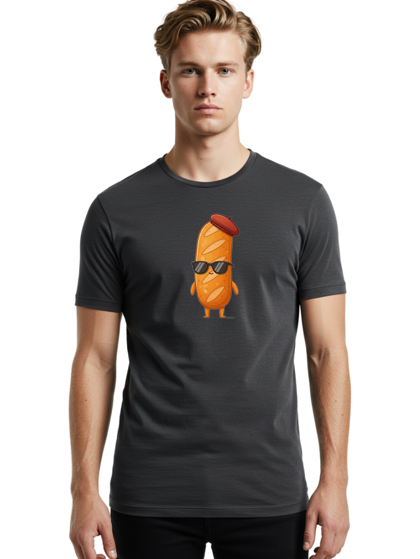 Sausage-Roll Men'S Graphic Tee, 100% Cotton, Comfortable Casual Summer Wear, Machine Washable, Cartoon Bread Character, Bread With Sunglasses, Bread With Beret, Funny Food Illustration, Humorous Baked Goods, Quirky Cartoon Character, Bad513