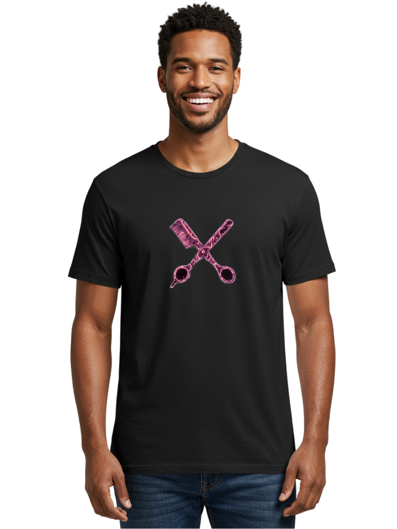 Scissors-And-Comb-1 Men'S Graphic Tee, 100% Cotton, Comfortable Casual Summer Wear, Machine Washable, Salon Logo, Beauty Tools, Hair Cutting Scissors, Comb And Scissors, Hairdressing Equipment, Beauty Salon, Pink Graphics, Salon Icon, Bad518