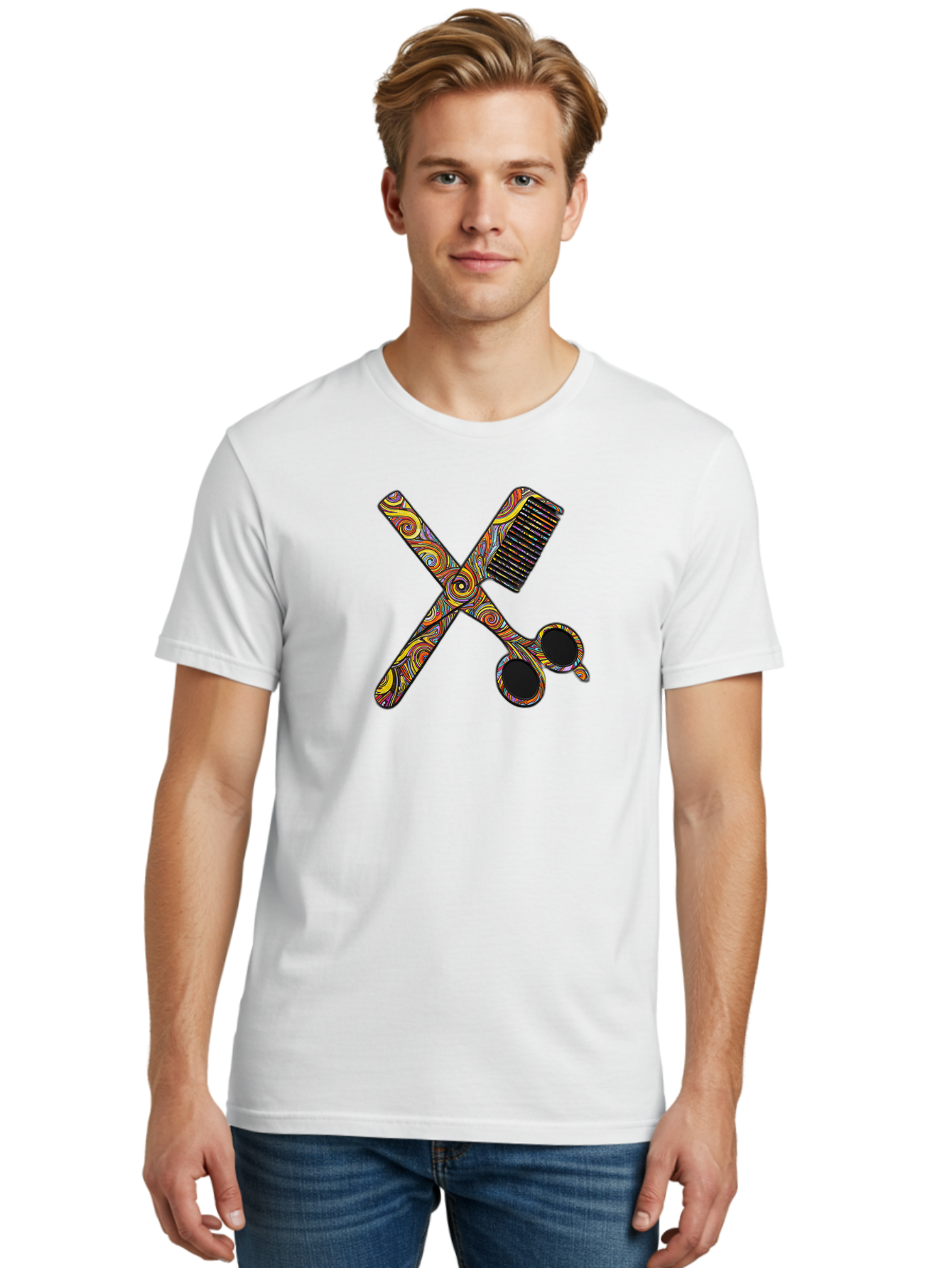 Scissors-And-Comb Men'S Graphic Tee, 100% Cotton, Comfortable Casual Summer Wear, Machine Washable, Colorful Scissors, Hair Comb, Swirly Design, Vibrant Colors, Beauty Tools, Hair Care Accessories, Artistic Patterns, Grooming Essentials Bad519