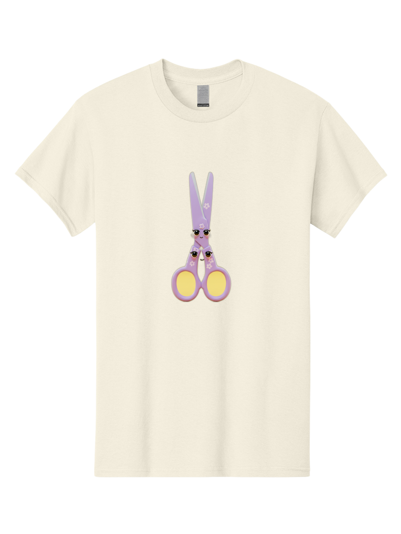 Scissors-Character-1 Men'S Graphic Tee, 100% Cotton, Comfortable Casual Summer Wear, Machine Washable, Cartoon Scissors, Cute, Kawaii, Pastel Purple, Yellow Finger Holes, White Flowers, Cute Faces, Googly Eyes Bad520