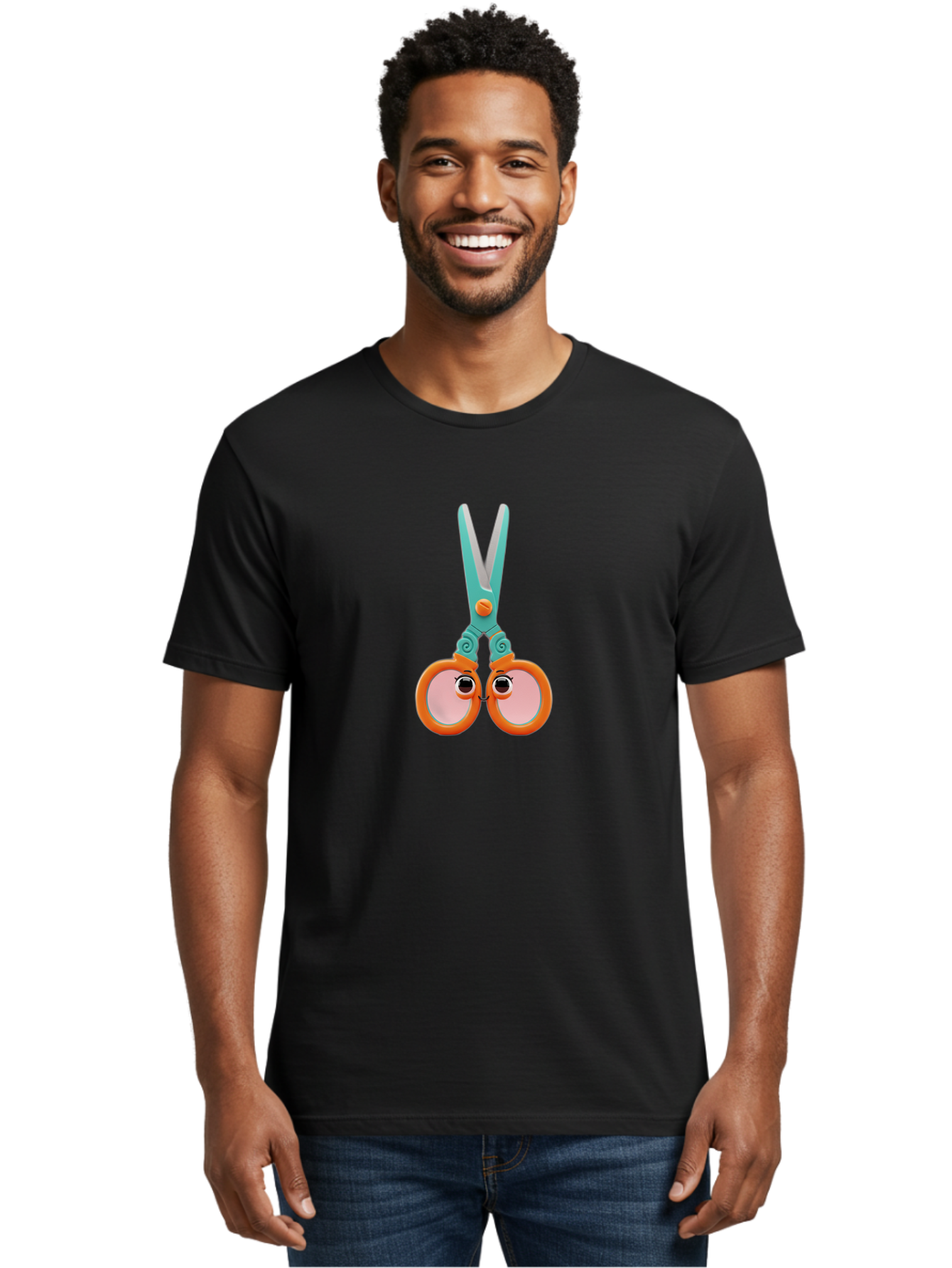 Scissors-Friends Men'S Graphic Tee, 100% Cotton, Comfortable Casual Summer Wear, Machine Washable, Cartoon Scissors, Orange Handles, Teal Metal, Cute Eyes, Smiling Faces, Childrens Craft Supplies, Playful Art, Creativity Tools, Fun Stationery Bad526