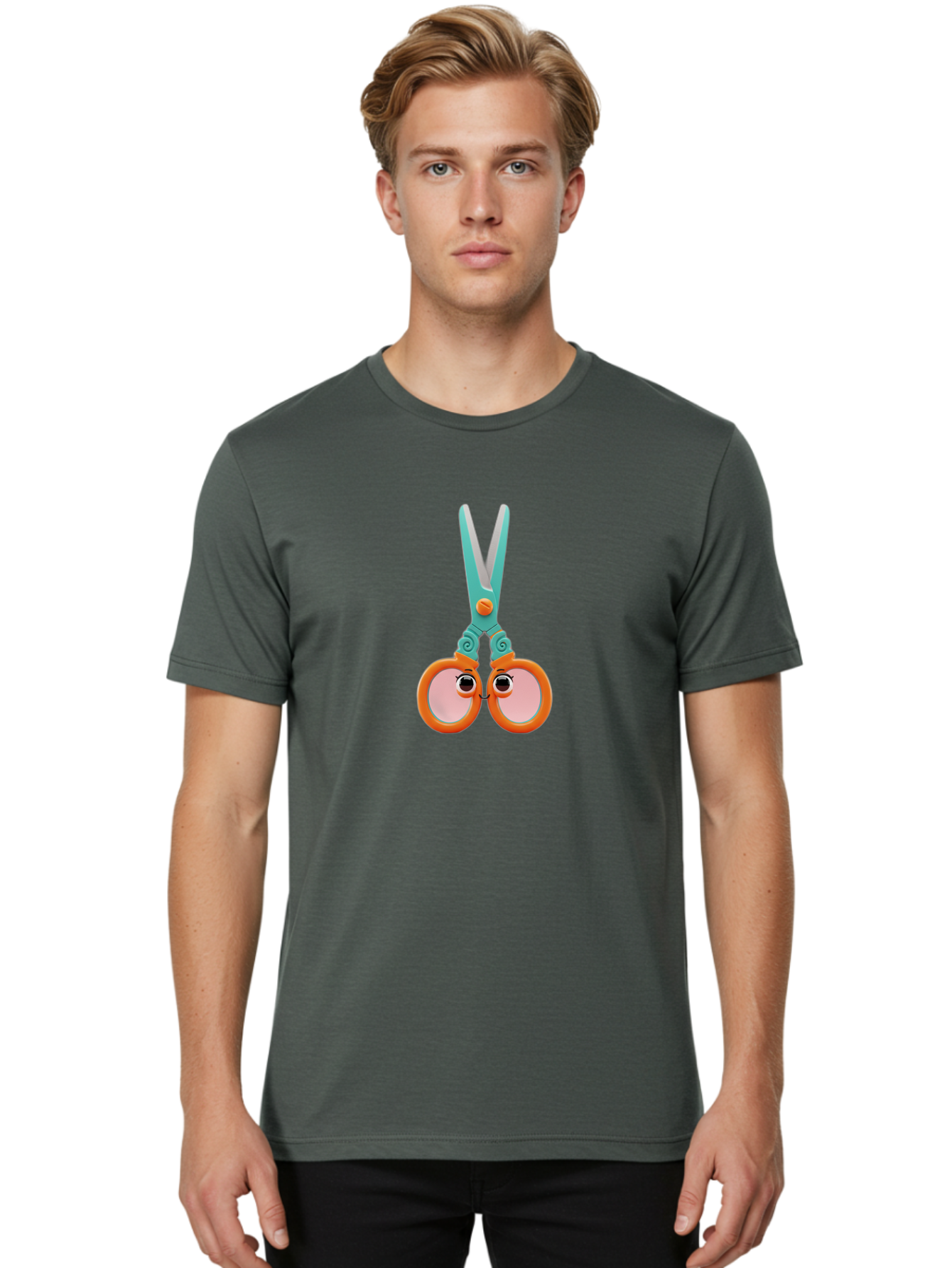 Scissors-Friends Men'S Graphic Tee, 100% Cotton, Comfortable Casual Summer Wear, Machine Washable, Cartoon Scissors, Orange Handles, Teal Metal, Cute Eyes, Smiling Faces, Childrens Craft Supplies, Playful Art, Creativity Tools, Fun Stationery Bad526