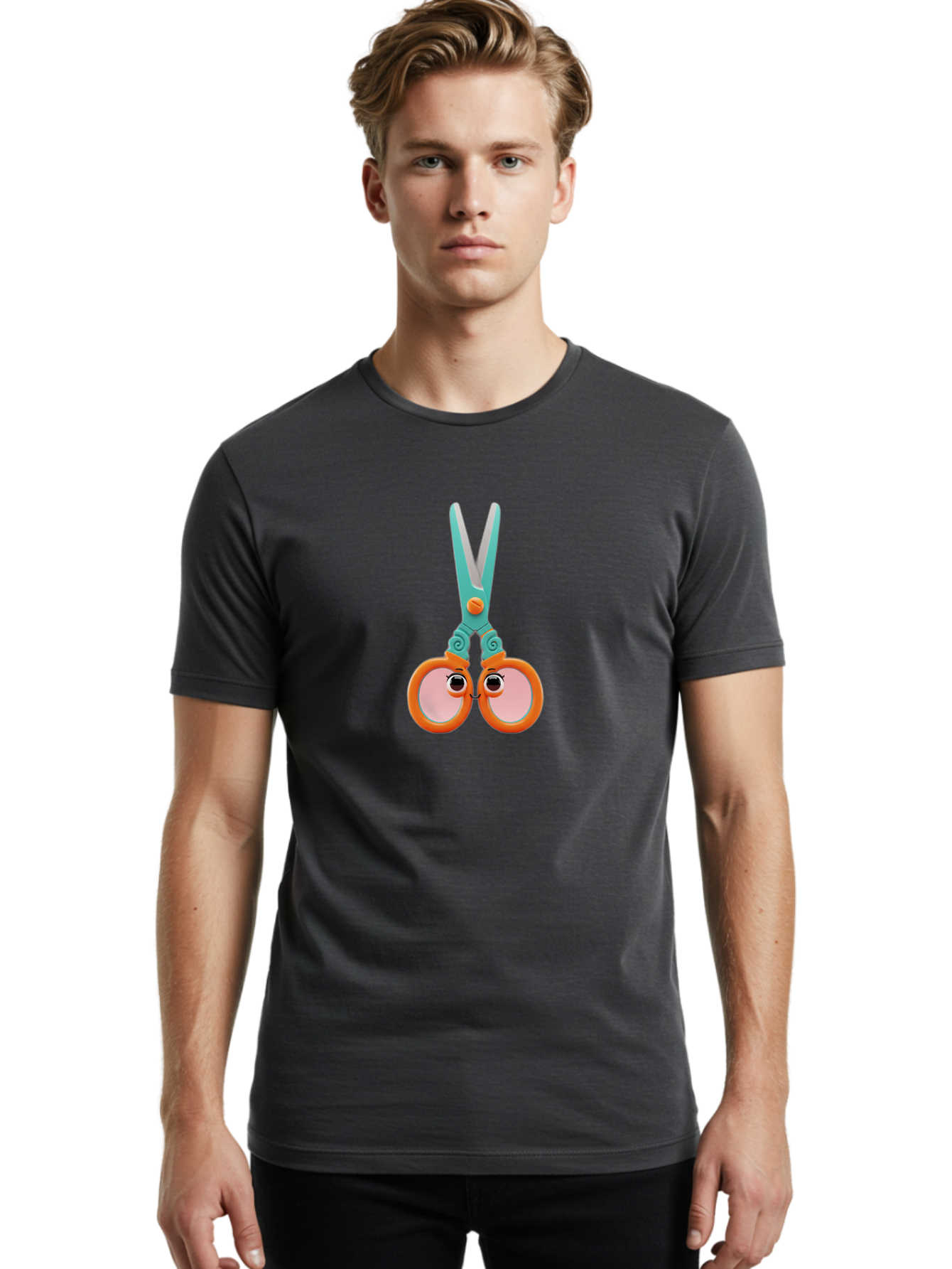 Scissors-Friends Men'S Graphic Tee, 100% Cotton, Comfortable Casual Summer Wear, Machine Washable, Cartoon Scissors, Orange Handles, Teal Metal, Cute Eyes, Smiling Faces, Childrens Craft Supplies, Playful Art, Creativity Tools, Fun Stationery Bad526