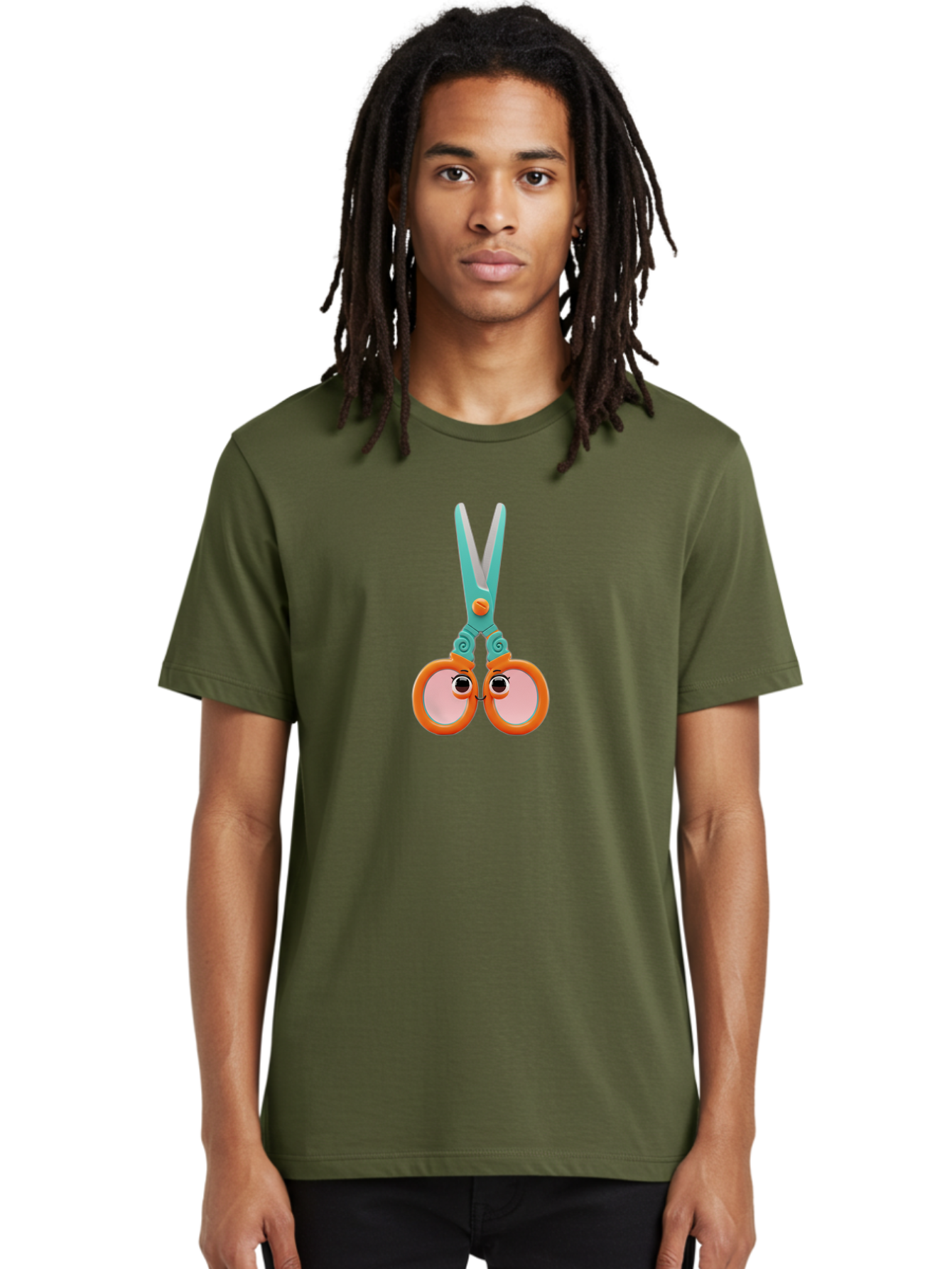 Scissors-Friends Men'S Graphic Tee, 100% Cotton, Comfortable Casual Summer Wear, Machine Washable, Cartoon Scissors, Orange Handles, Teal Metal, Cute Eyes, Smiling Faces, Childrens Craft Supplies, Playful Art, Creativity Tools, Fun Stationery Bad526
