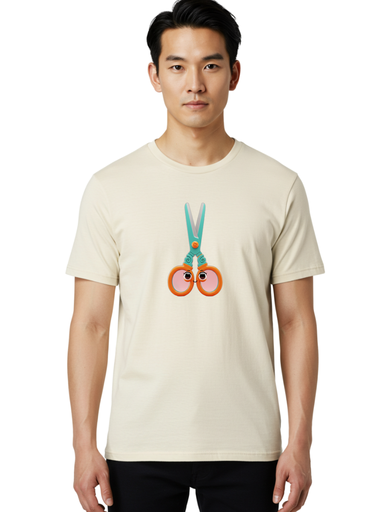 Scissors-Friends Men'S Graphic Tee, 100% Cotton, Comfortable Casual Summer Wear, Machine Washable, Cartoon Scissors, Orange Handles, Teal Metal, Cute Eyes, Smiling Faces, Childrens Craft Supplies, Playful Art, Creativity Tools, Fun Stationery Bad526