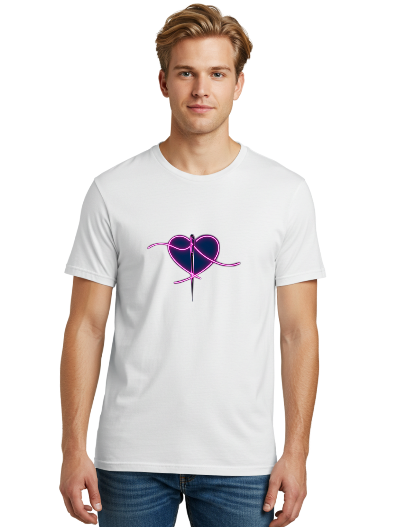 Sewing-Heart-1 Men'S Graphic Tee, 100% Cotton, Comfortable Casual Summer Wear, Machine Washable, Heart Shape, Sewing Needle, Thread, Pink Outline, Dark Blue Heart, Mending Heart, Love Repair, Heart Stitch, Symbolism, Heart Repair, Love Symbol Bad529