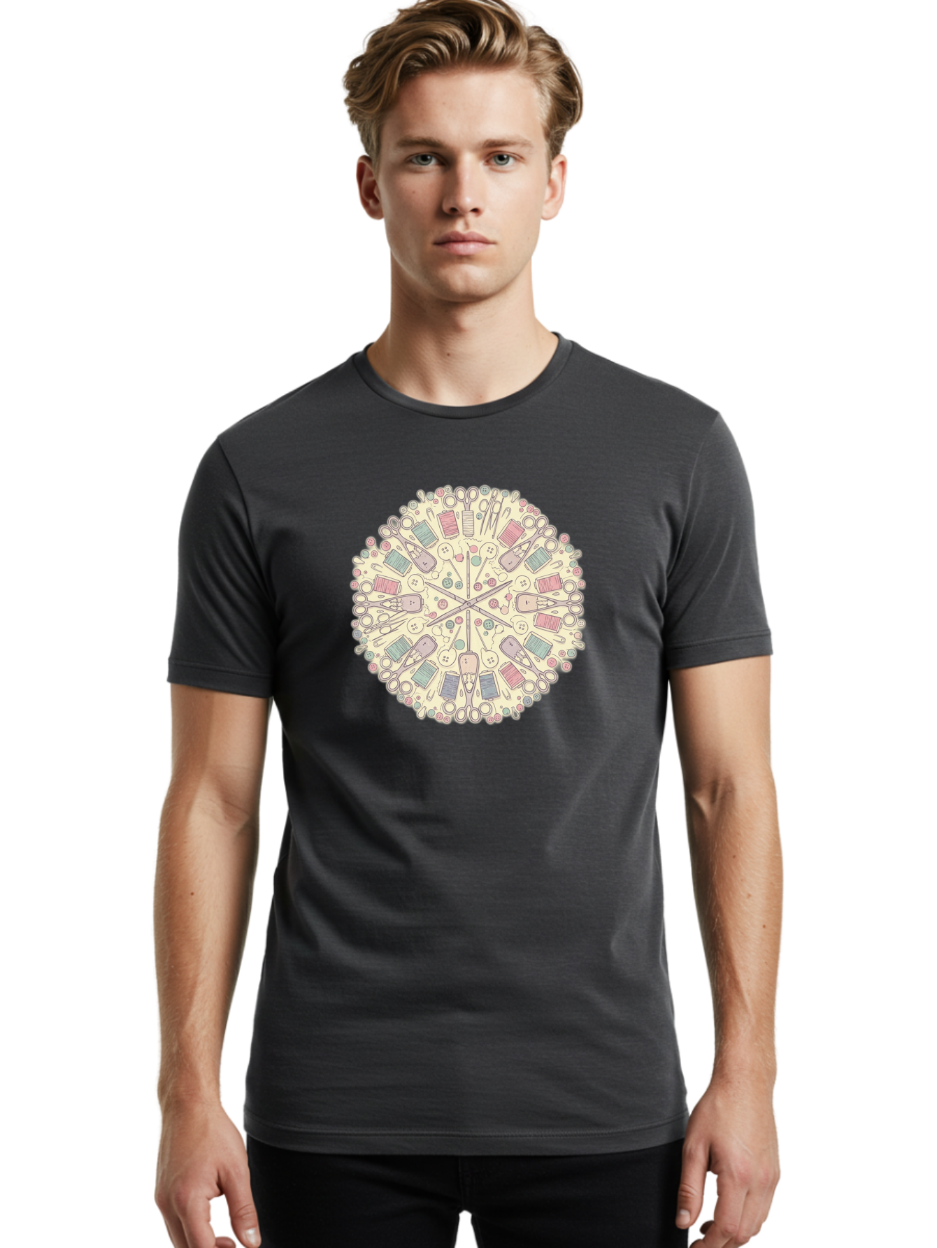Sewing-Mandala Men'S Graphic Tee, 100% Cotton, Comfortable Casual Summer Wear, Machine Washable, Sewing Tools, Mandala Pattern, Pastel Colors, Scissors, Buttons, Threads, Sewing Accessories, Craft Supplies, Needlework, Handmade, Diy, Bad532