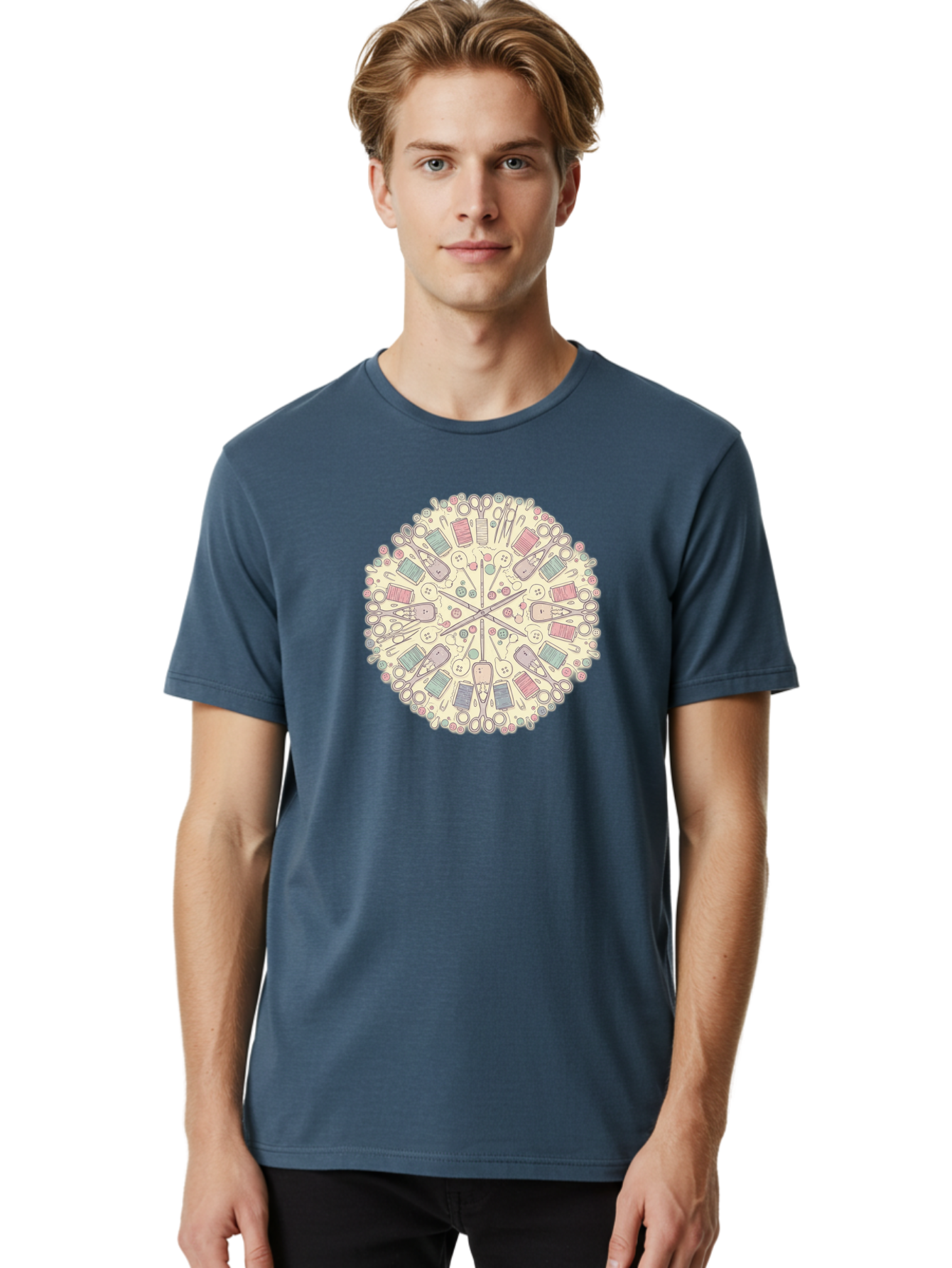 Sewing-Mandala Men'S Graphic Tee, 100% Cotton, Comfortable Casual Summer Wear, Machine Washable, Sewing Tools, Mandala Pattern, Pastel Colors, Scissors, Buttons, Threads, Sewing Accessories, Craft Supplies, Needlework, Handmade, Diy, Bad532