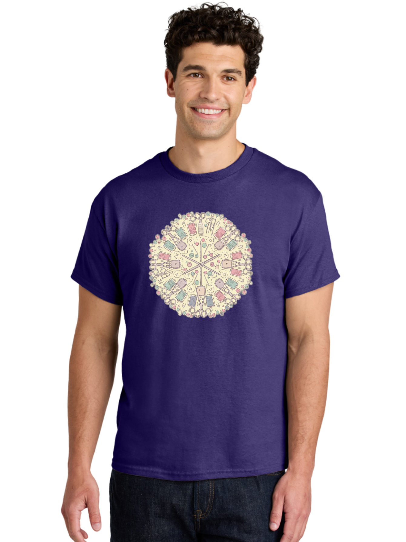 Sewing-Mandala Men'S Graphic Tee, 100% Cotton, Comfortable Casual Summer Wear, Machine Washable, Sewing Tools, Mandala Pattern, Pastel Colors, Scissors, Buttons, Threads, Sewing Accessories, Craft Supplies, Needlework, Handmade, Diy, Bad532