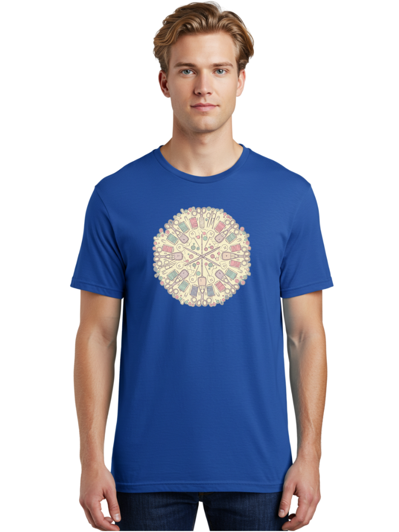 Sewing-Mandala Men'S Graphic Tee, 100% Cotton, Comfortable Casual Summer Wear, Machine Washable, Sewing Tools, Mandala Pattern, Pastel Colors, Scissors, Buttons, Threads, Sewing Accessories, Craft Supplies, Needlework, Handmade, Diy, Bad532