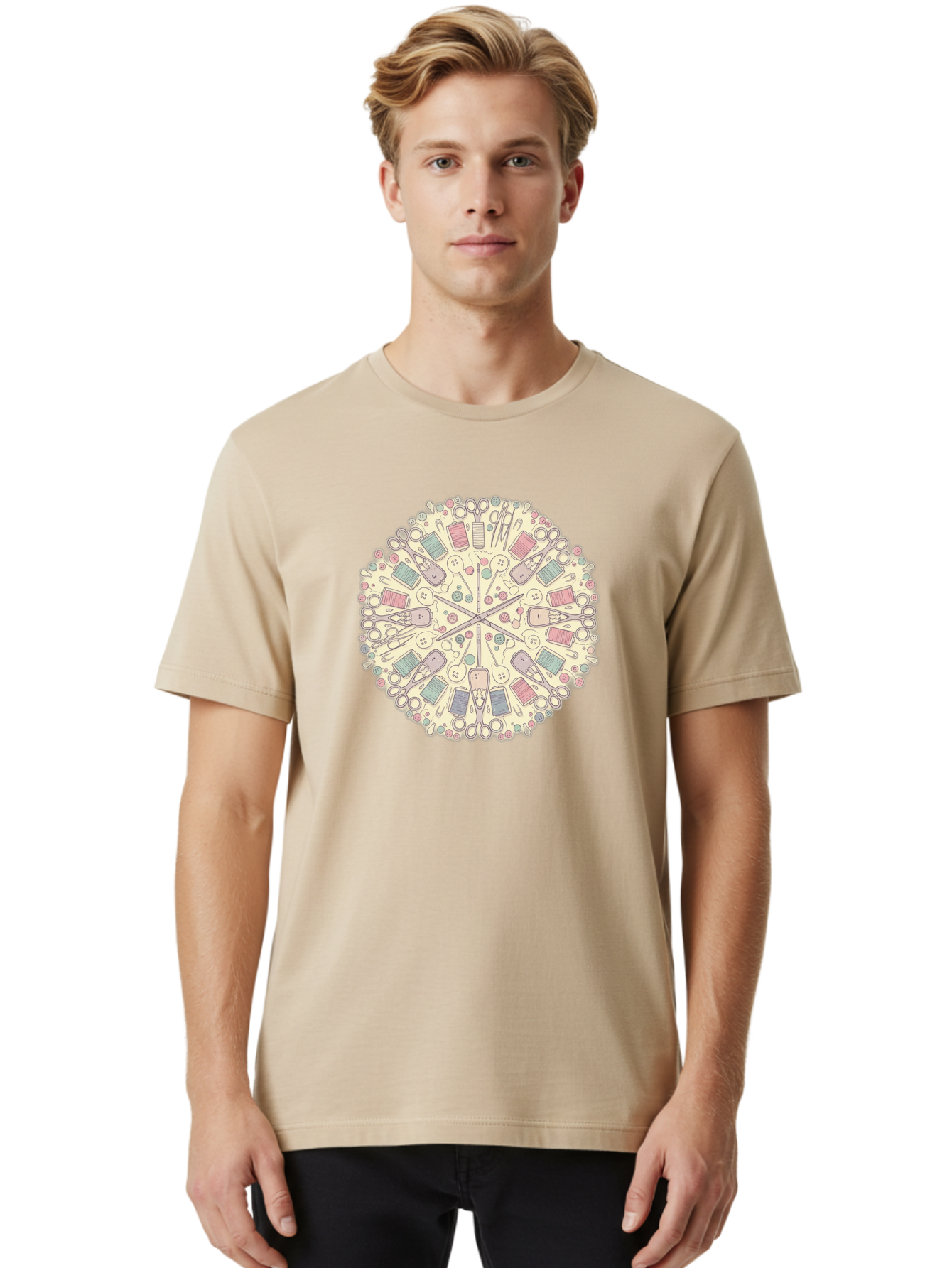 Sewing-Mandala Men'S Graphic Tee, 100% Cotton, Comfortable Casual Summer Wear, Machine Washable, Sewing Tools, Mandala Pattern, Pastel Colors, Scissors, Buttons, Threads, Sewing Accessories, Craft Supplies, Needlework, Handmade, Diy, Bad532