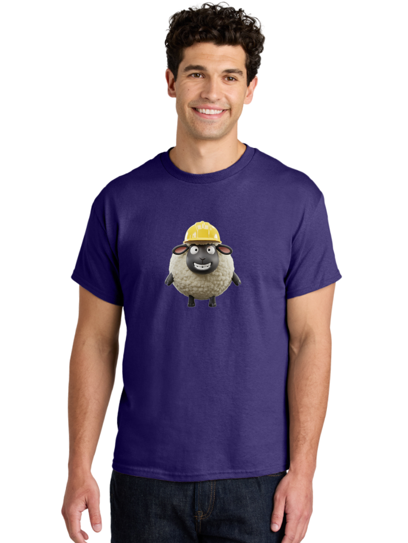 Shaun-Sheep Men'S Graphic Tee, 100% Cotton, Comfortable Casual Summer Wear, Machine Washable, Cartoon Sheep, Shaun The Sheep Character, Yellow Hard Hat, Construction Worker Sheep, Funny Farm Animals, Whimsical Illustration, Bad535