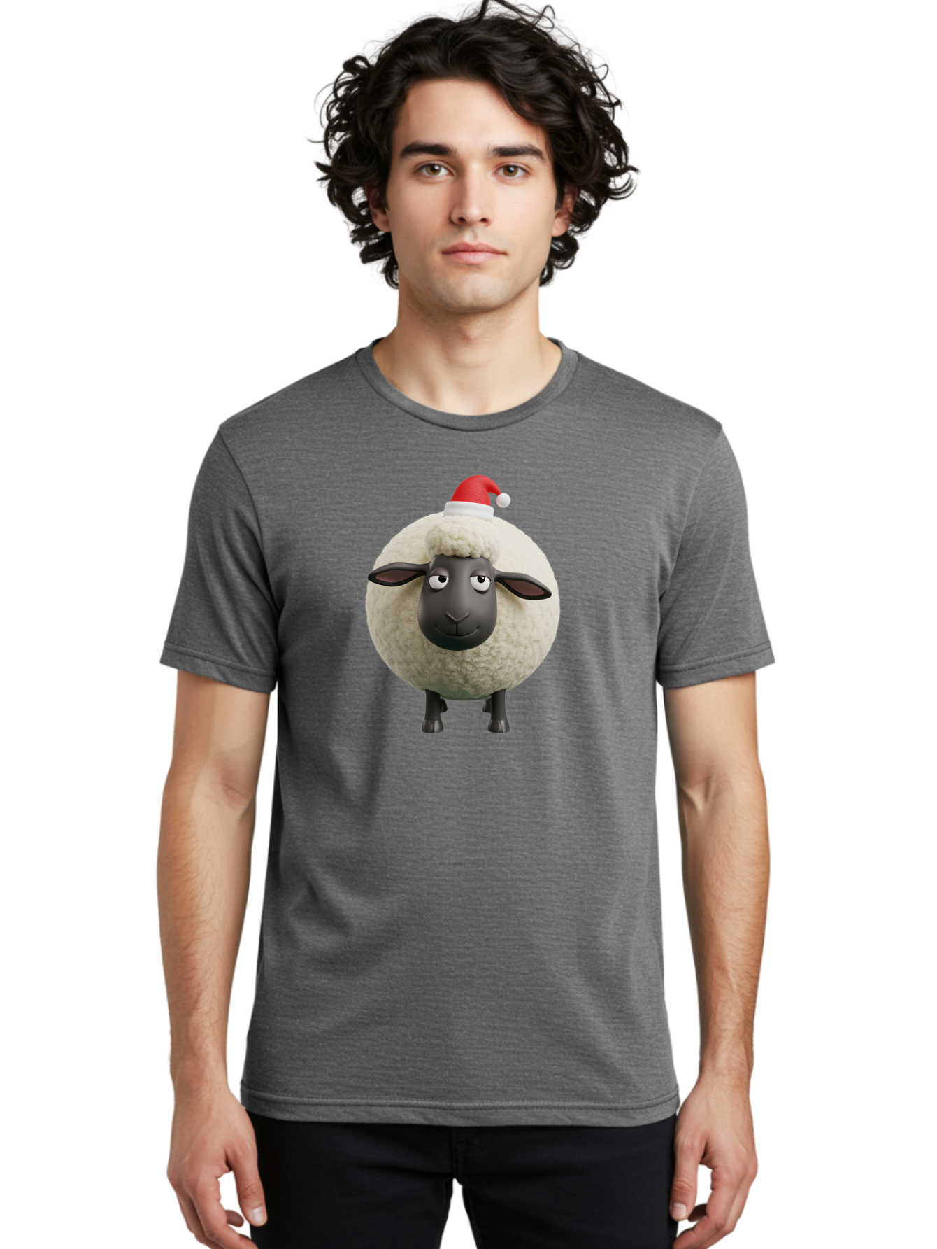 Shaun-The-Sheep-Christmas Men'S Graphic Tee, 100% Cotton, Comfortable Casual Summer Wear, Machine Washable, Cartoon Sheep, Shaun The Sheep, Fluffy White Sheep, Christmas Hat, Red And White Santa Hat, Funny Character, 3D Animation, Bad538