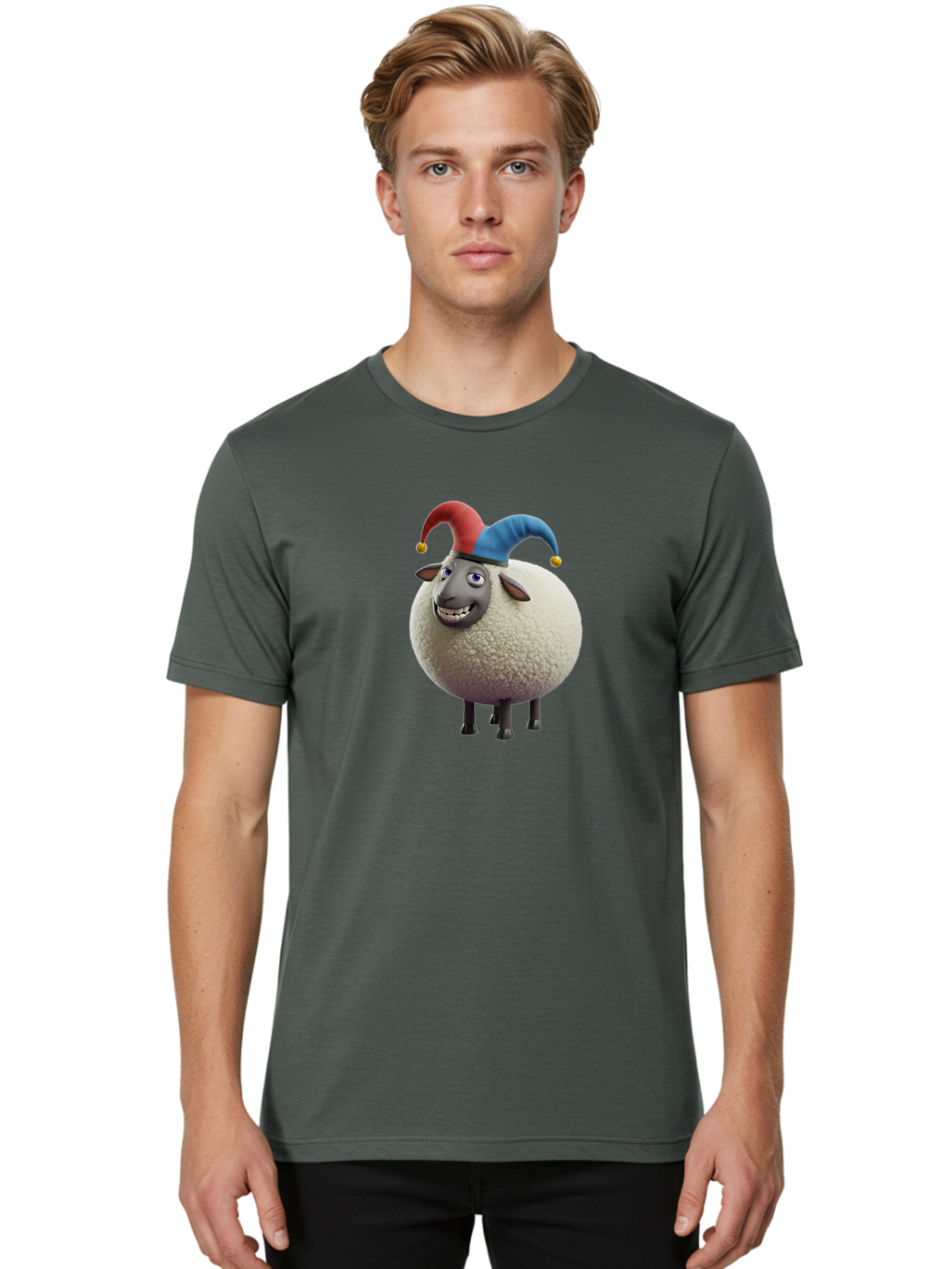 Shaun-The-Sheep-Jester-Hat Men'S Graphic Tee, 100% Cotton, Comfortable Casual Summer Wear, Machine Washable, Cartoon Sheep, Funny Character, Jester Hat, Red And Blue Hat, Animated Animal, Sheep Character, Humorous Illustration, Playful Design Bad539