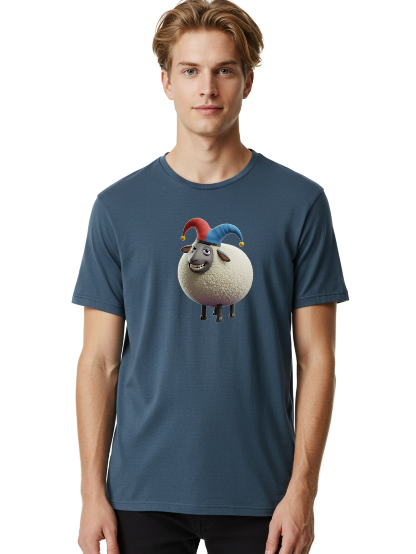 Shaun-The-Sheep-Jester-Hat Men'S Graphic Tee, 100% Cotton, Comfortable Casual Summer Wear, Machine Washable, Cartoon Sheep, Funny Character, Jester Hat, Red And Blue Hat, Animated Animal, Sheep Character, Humorous Illustration, Playful Design Bad539