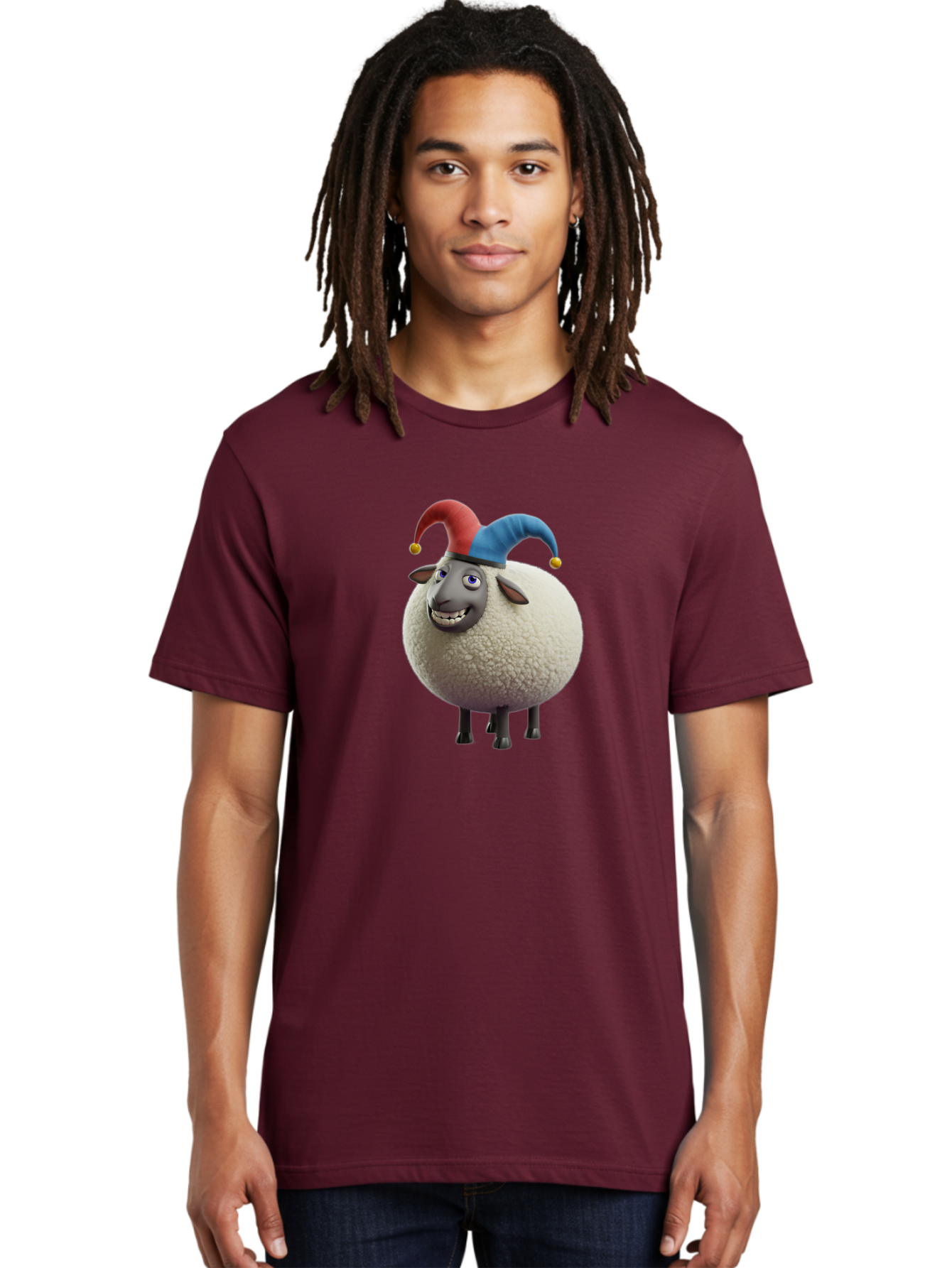 Shaun-The-Sheep-Jester-Hat Men'S Graphic Tee, 100% Cotton, Comfortable Casual Summer Wear, Machine Washable, Cartoon Sheep, Funny Character, Jester Hat, Red And Blue Hat, Animated Animal, Sheep Character, Humorous Illustration, Playful Design Bad539
