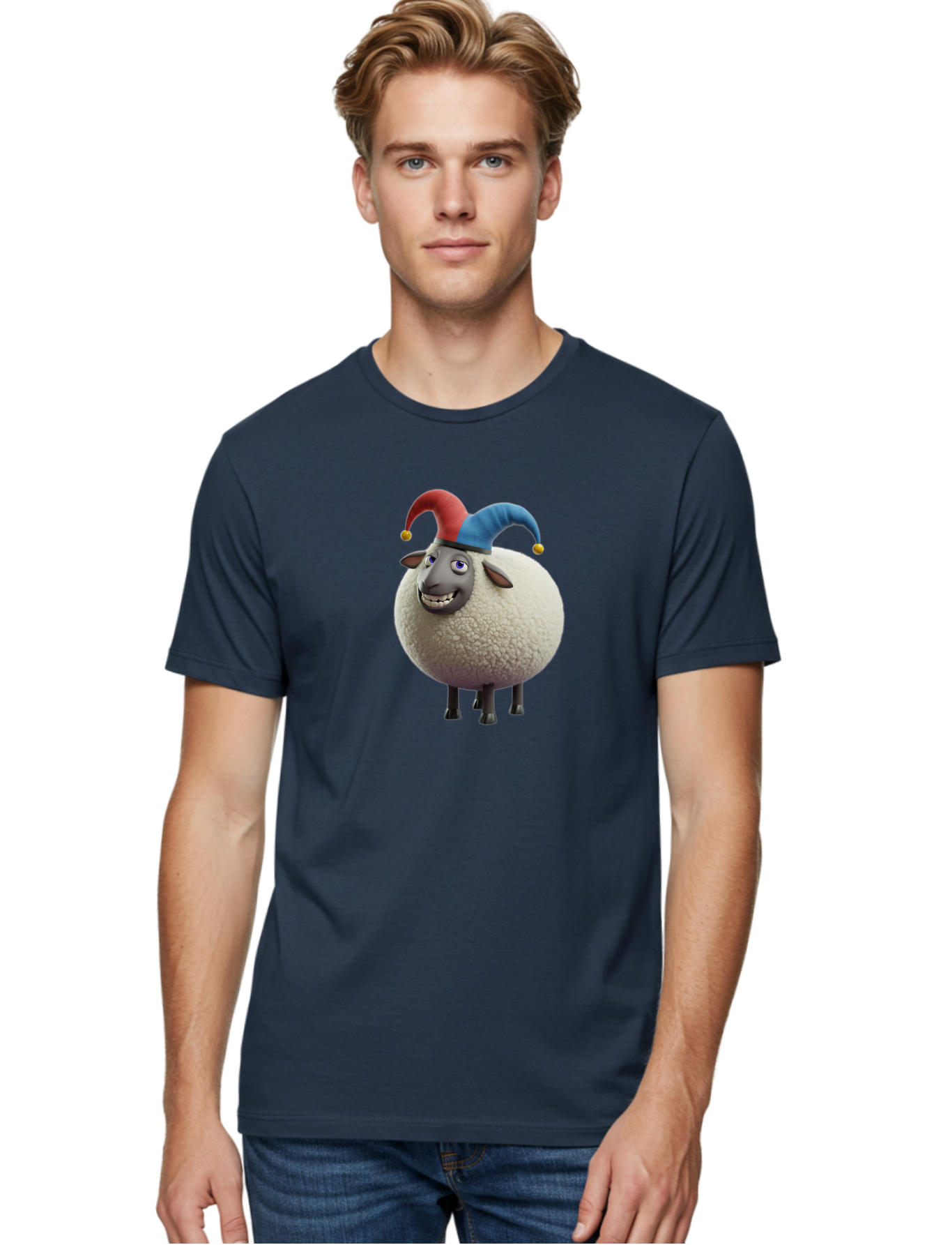 Shaun-The-Sheep-Jester-Hat Men'S Graphic Tee, 100% Cotton, Comfortable Casual Summer Wear, Machine Washable, Cartoon Sheep, Funny Character, Jester Hat, Red And Blue Hat, Animated Animal, Sheep Character, Humorous Illustration, Playful Design Bad539