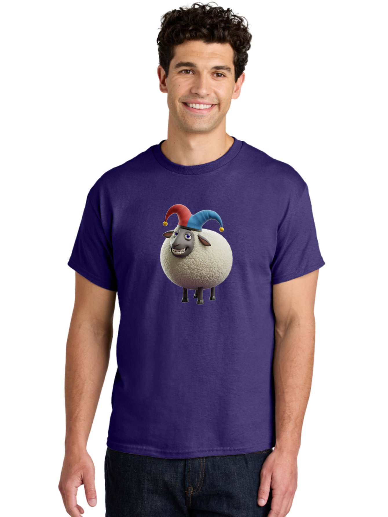 Shaun-The-Sheep-Jester-Hat Men'S Graphic Tee, 100% Cotton, Comfortable Casual Summer Wear, Machine Washable, Cartoon Sheep, Funny Character, Jester Hat, Red And Blue Hat, Animated Animal, Sheep Character, Humorous Illustration, Playful Design Bad539
