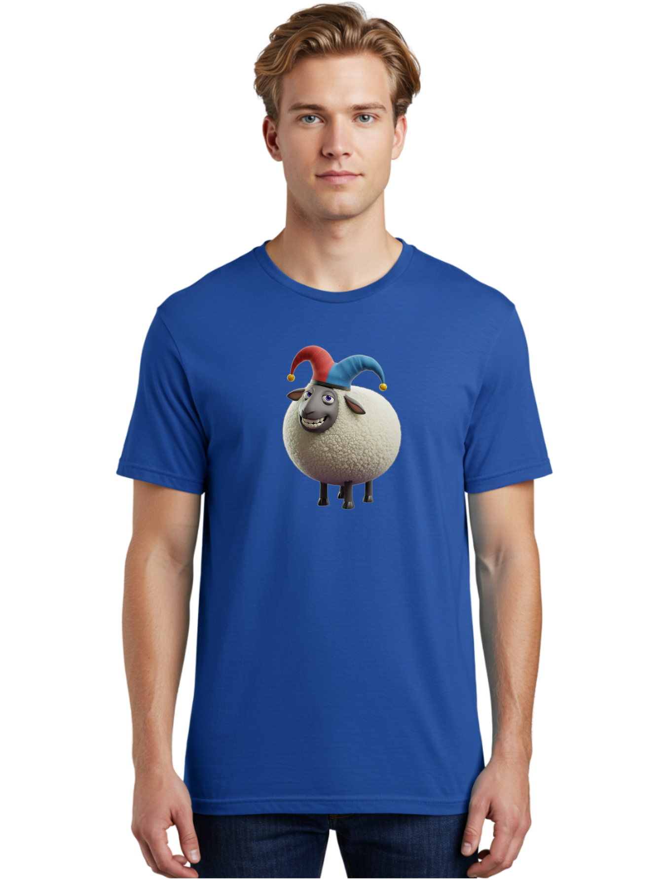 Shaun-The-Sheep-Jester-Hat Men'S Graphic Tee, 100% Cotton, Comfortable Casual Summer Wear, Machine Washable, Cartoon Sheep, Funny Character, Jester Hat, Red And Blue Hat, Animated Animal, Sheep Character, Humorous Illustration, Playful Design Bad539