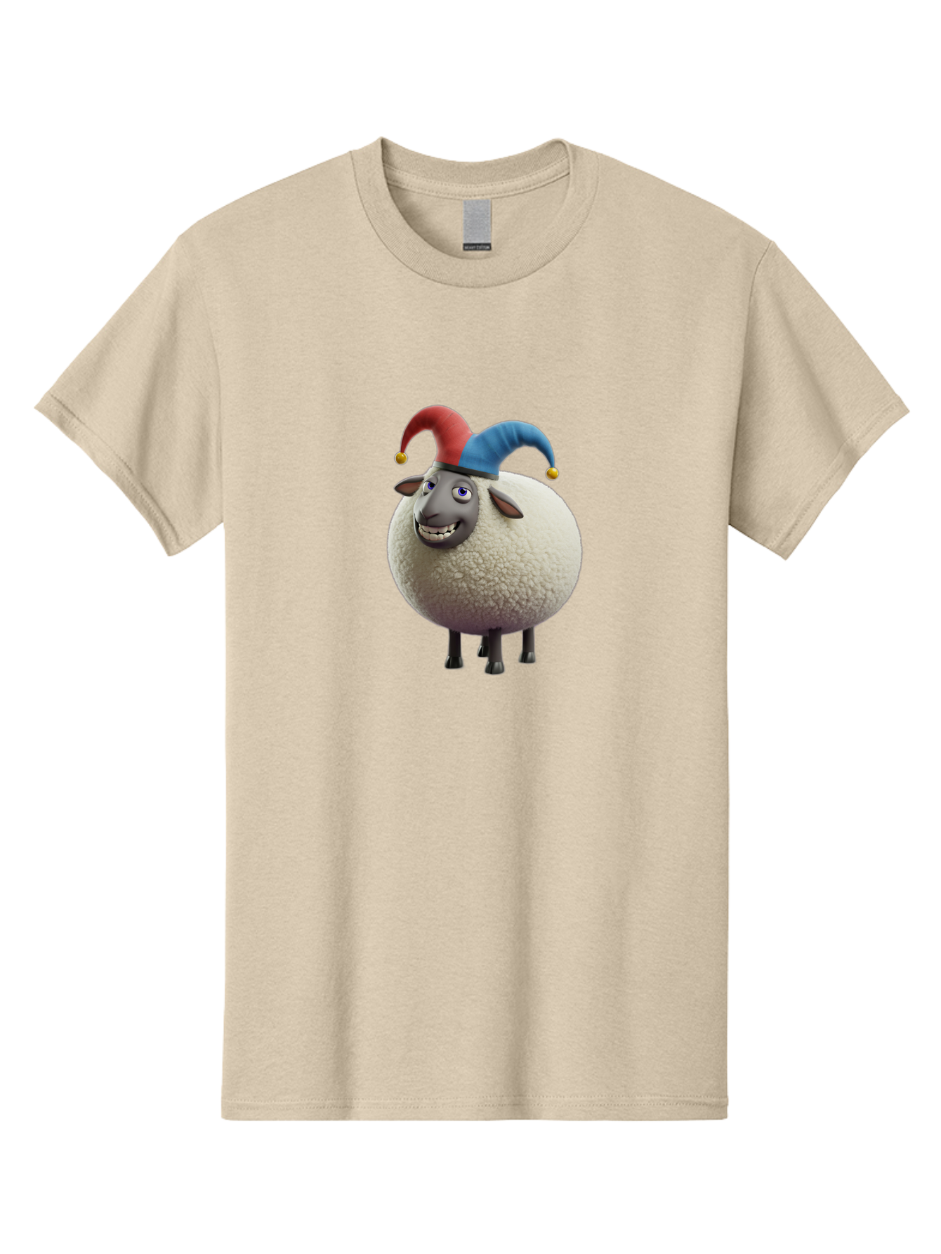 Shaun-The-Sheep-Jester-Hat Men'S Graphic Tee, 100% Cotton, Comfortable Casual Summer Wear, Machine Washable, Cartoon Sheep, Funny Character, Jester Hat, Red And Blue Hat, Animated Animal, Sheep Character, Humorous Illustration, Playful Design Bad539
