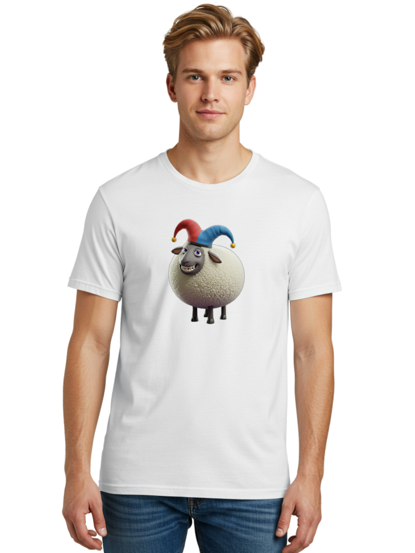 Shaun-The-Sheep-Jester-Hat Men'S Graphic Tee, 100% Cotton, Comfortable Casual Summer Wear, Machine Washable, Cartoon Sheep, Funny Character, Jester Hat, Red And Blue Hat, Animated Animal, Sheep Character, Humorous Illustration, Playful Design Bad539