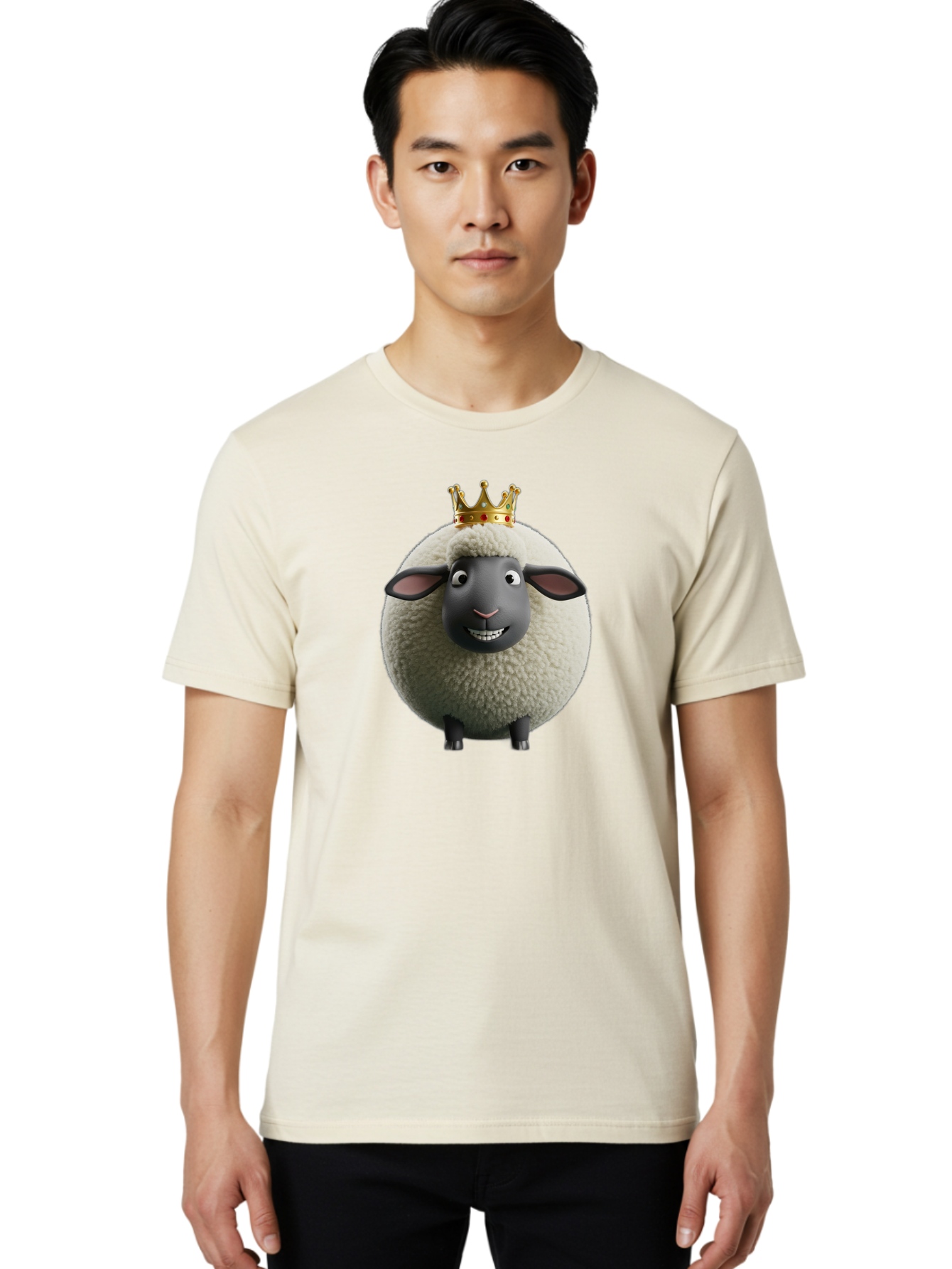 Shaun-The-Sheep-King Men'S Graphic Tee, 100% Cotton, Comfortable Casual Summer Wear, Machine Washable, Cartoon Sheep, Fluffy Sheep, Sheep Wearing Crown, Shaun The Sheep, Comedy Character, Funny Animal, Cute Sheep, Stop Motion Character, Bad540