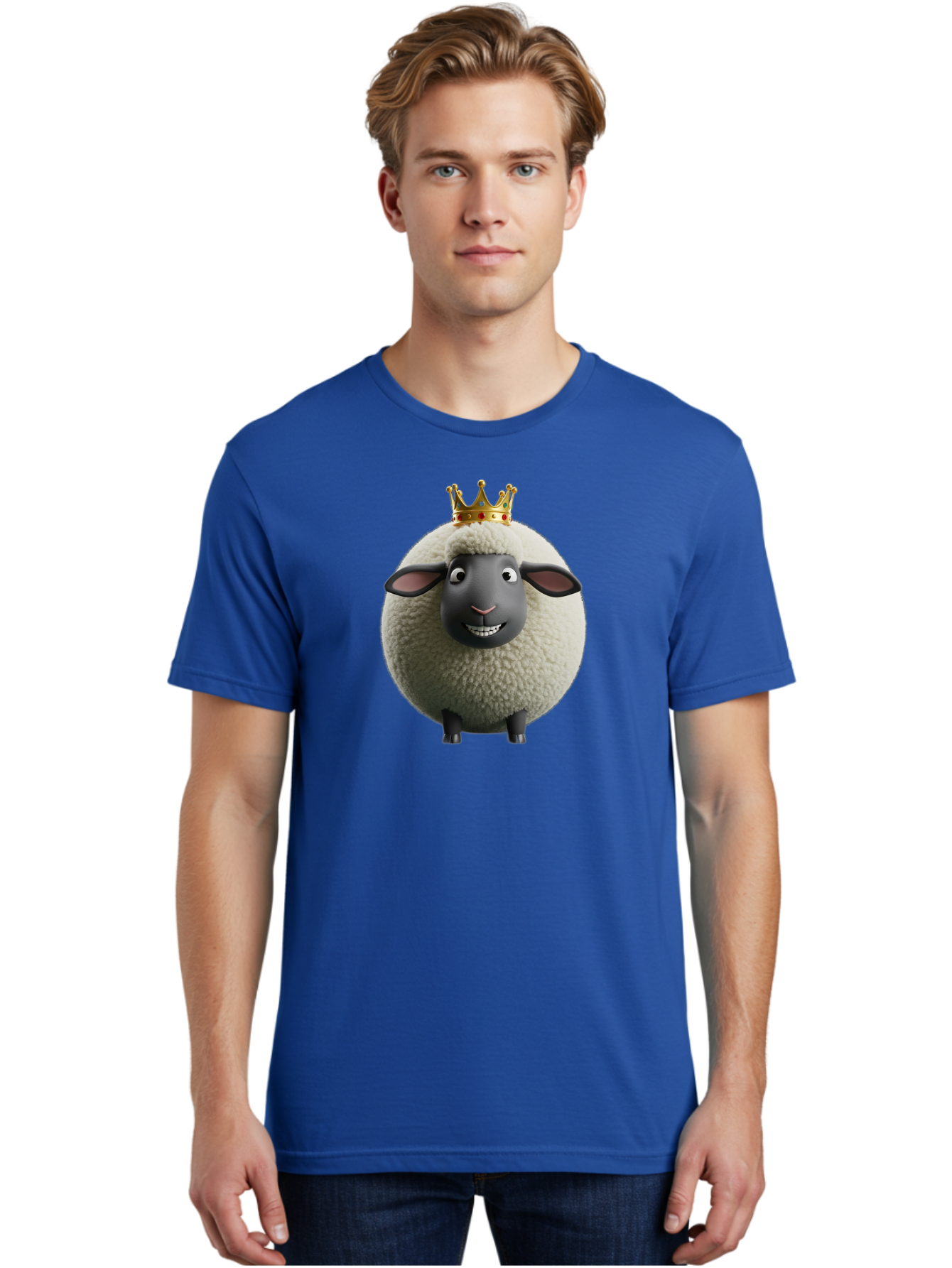 Shaun-The-Sheep-King Men'S Graphic Tee, 100% Cotton, Comfortable Casual Summer Wear, Machine Washable, Cartoon Sheep, Fluffy Sheep, Sheep Wearing Crown, Shaun The Sheep, Comedy Character, Funny Animal, Cute Sheep, Stop Motion Character, Bad540